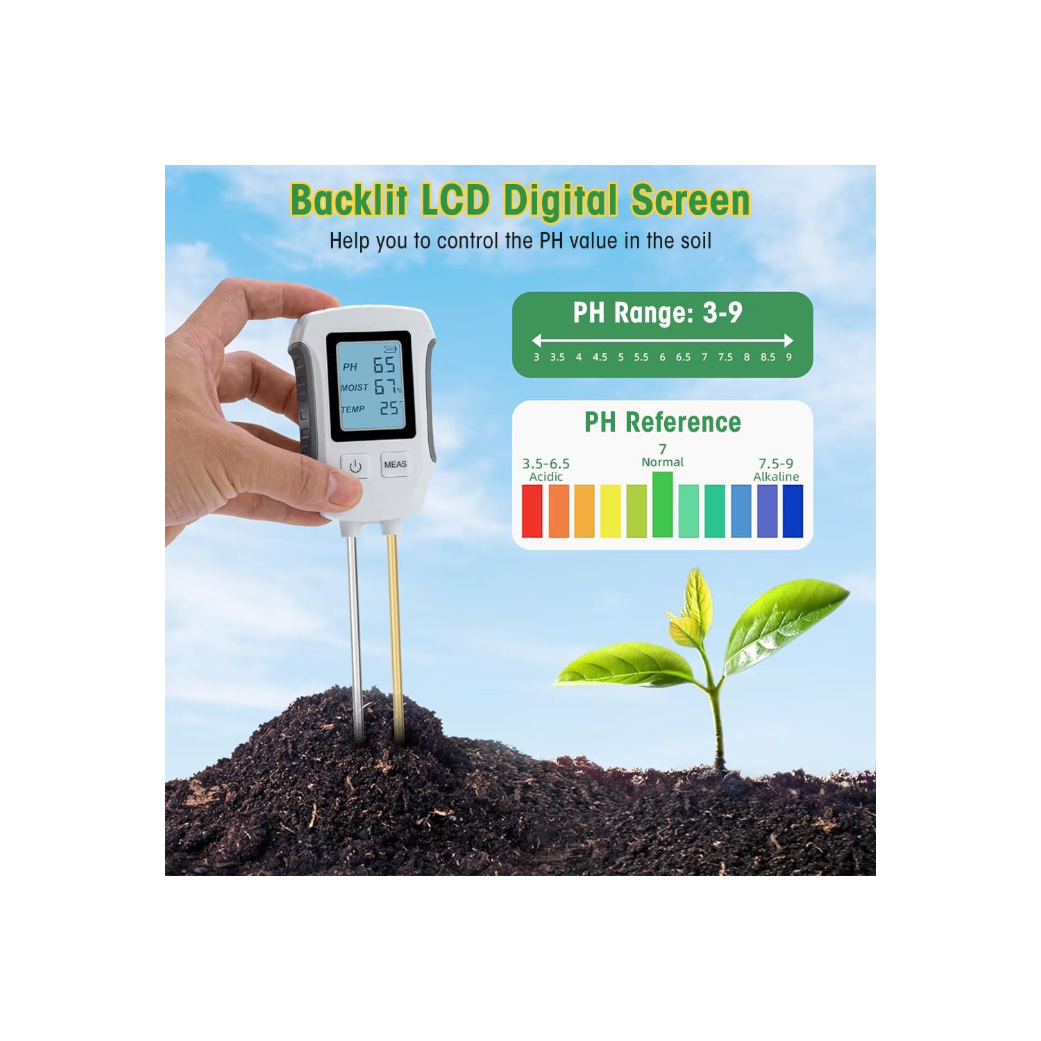 Soil Meter 3 in 1 Professional Dual Probes Soil Meter for Moisture /Temp/PH LCD Digital Soil Moisture Meter Precison Agriculture Soil Meter