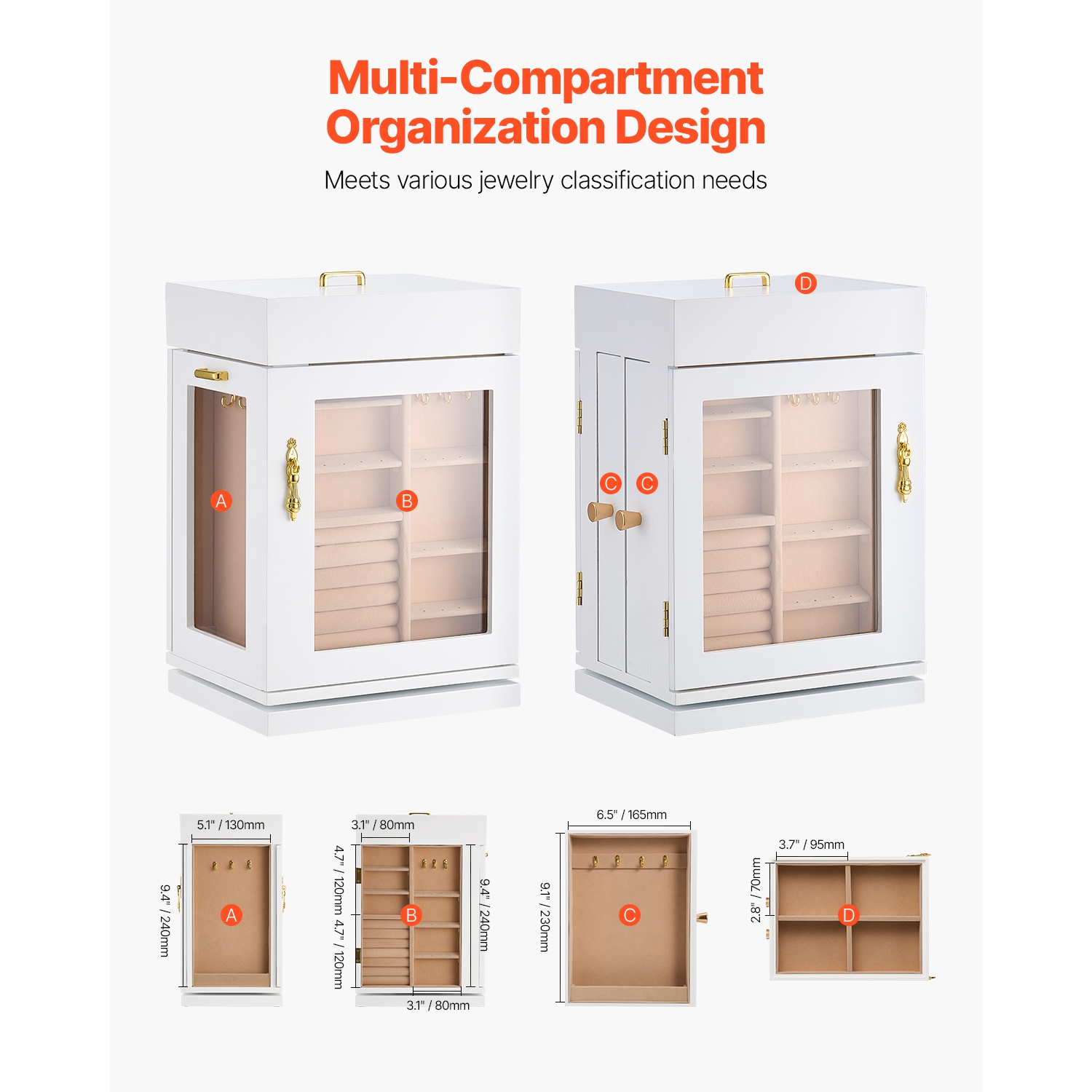 Coffret à bijoux rotatif à 360° VEVOR, range-bijoux avec porte magnétique, fenêtre en acrylique et 4 crochets intégrés pour colliers, étui de