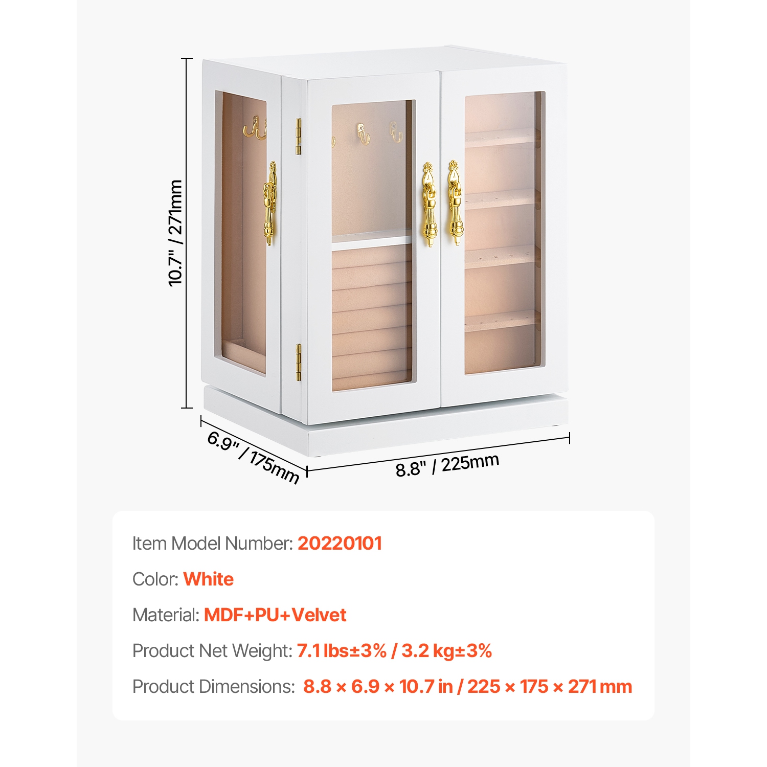 Coffret à bijoux VEVOR à 5 tiroirs, range-bijoux rotatif à 360°, fenêtre en acrylique, 4 crochets pour colliers de chaque côté, étui de rangement