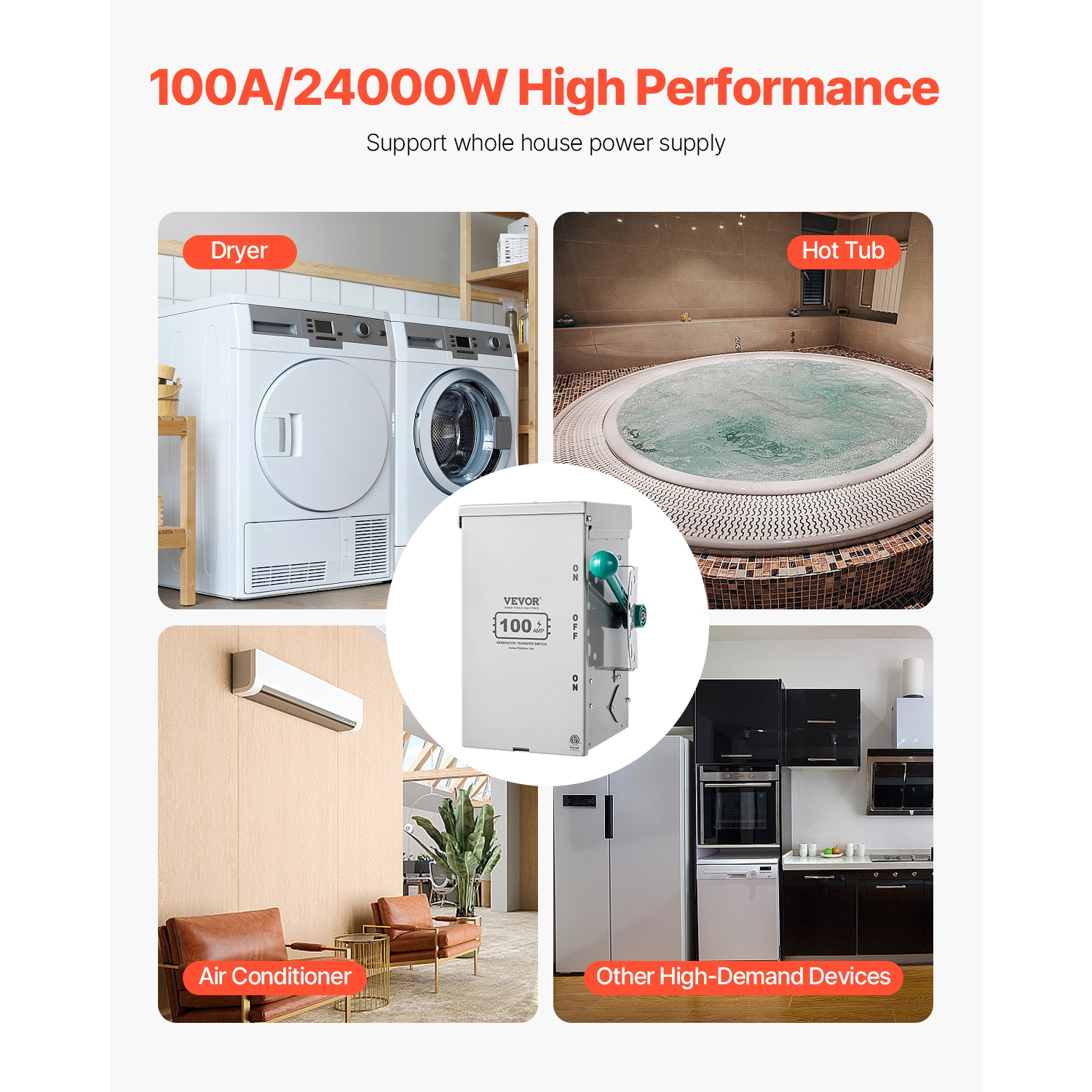 VEVOR 100A Generator Transfer Switch, 24000W Manual Transfer Switch, Heavy Duty Double-Throw Power Transfer Switch 120/240V, Meeting NEMA 3R