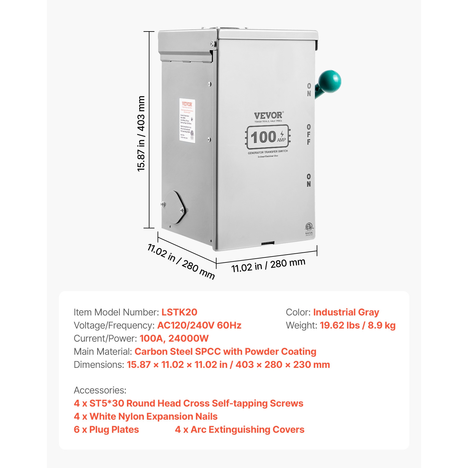 VEVOR 100A Generator Transfer Switch, 24000W Manual Transfer Switch, Heavy Duty Double-Throw Power Transfer Switch 120/240V, Meeting NEMA 3R