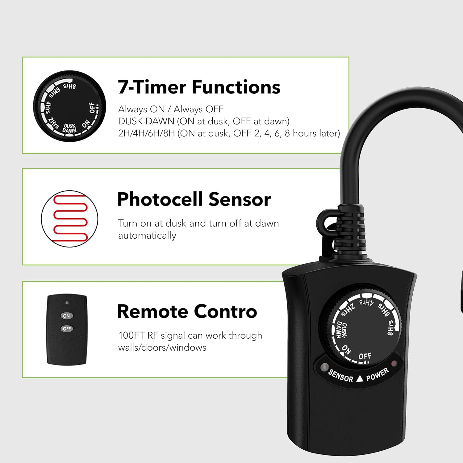 HBN Outdoor Light Timer: Waterproof & Weatherproof, Dusk-to-Dawn Photocell Sensor, Remote Control, 2-8H Countdown, 1 Grounded Outlet, 15A 1875W