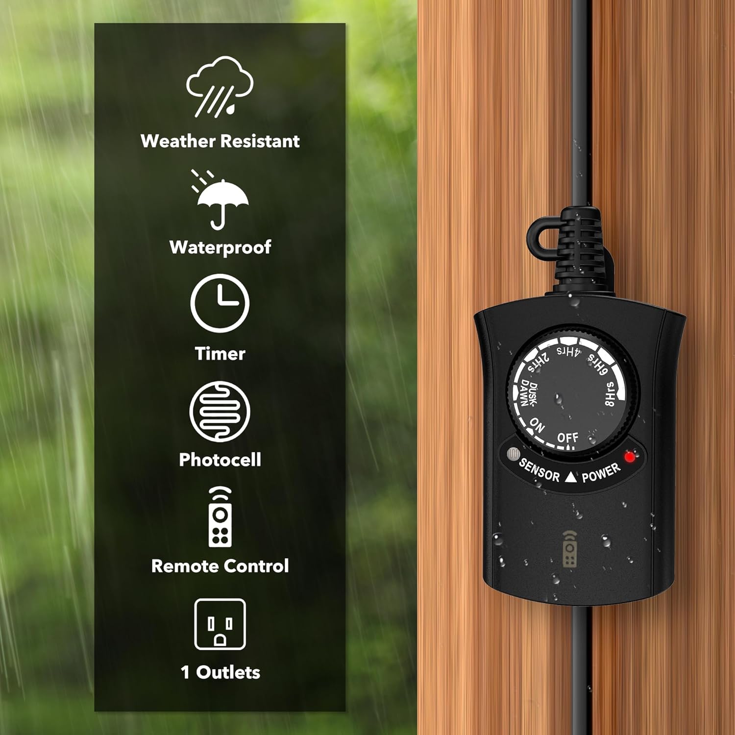 HBN Outdoor Light Timer: Waterproof & Weatherproof, Dusk-to-Dawn Photocell Sensor, Remote Control, 2-8H Countdown, 1 Grounded Outlet, 15A 1875W