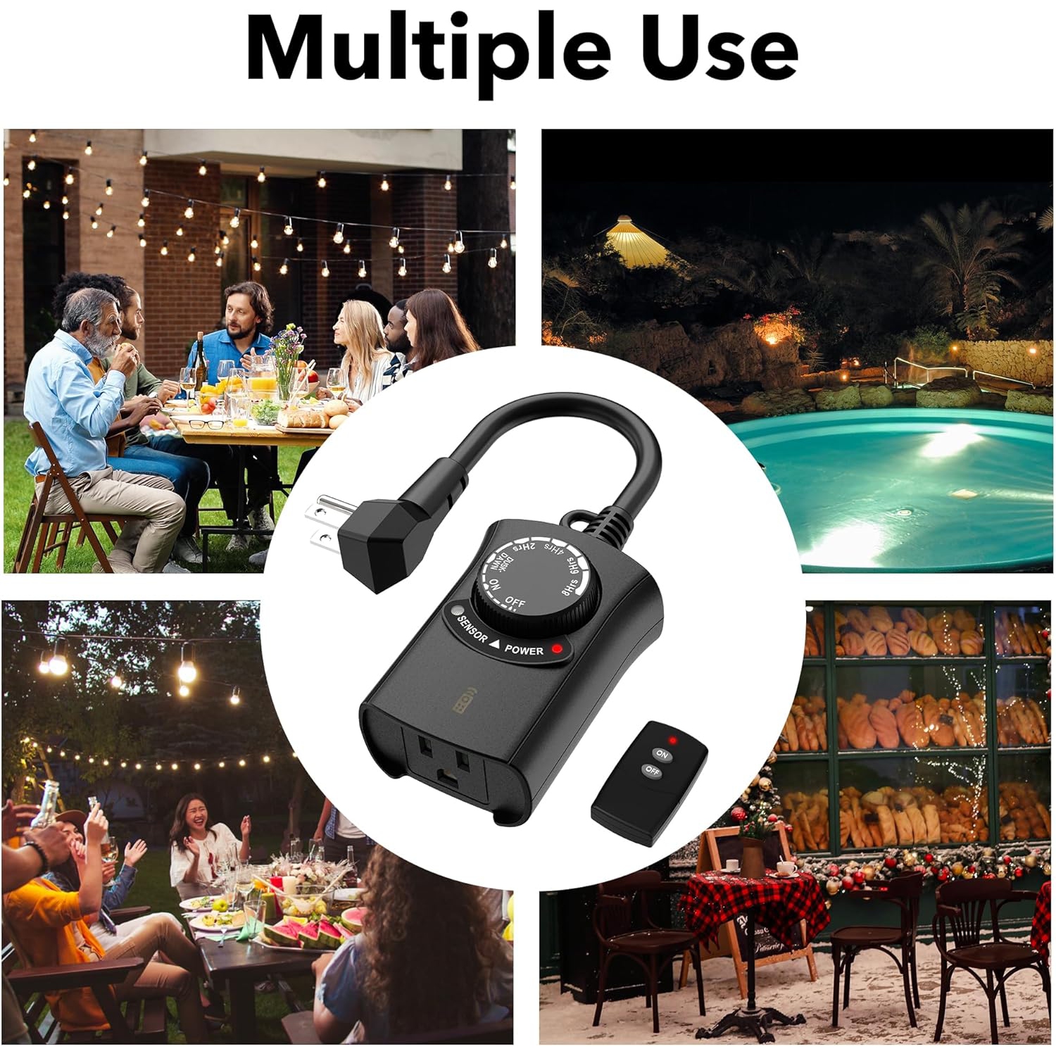 HBN Outdoor Light Timer: Waterproof & Weatherproof, Dusk-to-Dawn Photocell Sensor, Remote Control, 2-8H Countdown, 1 Grounded Outlet, 15A 1875W