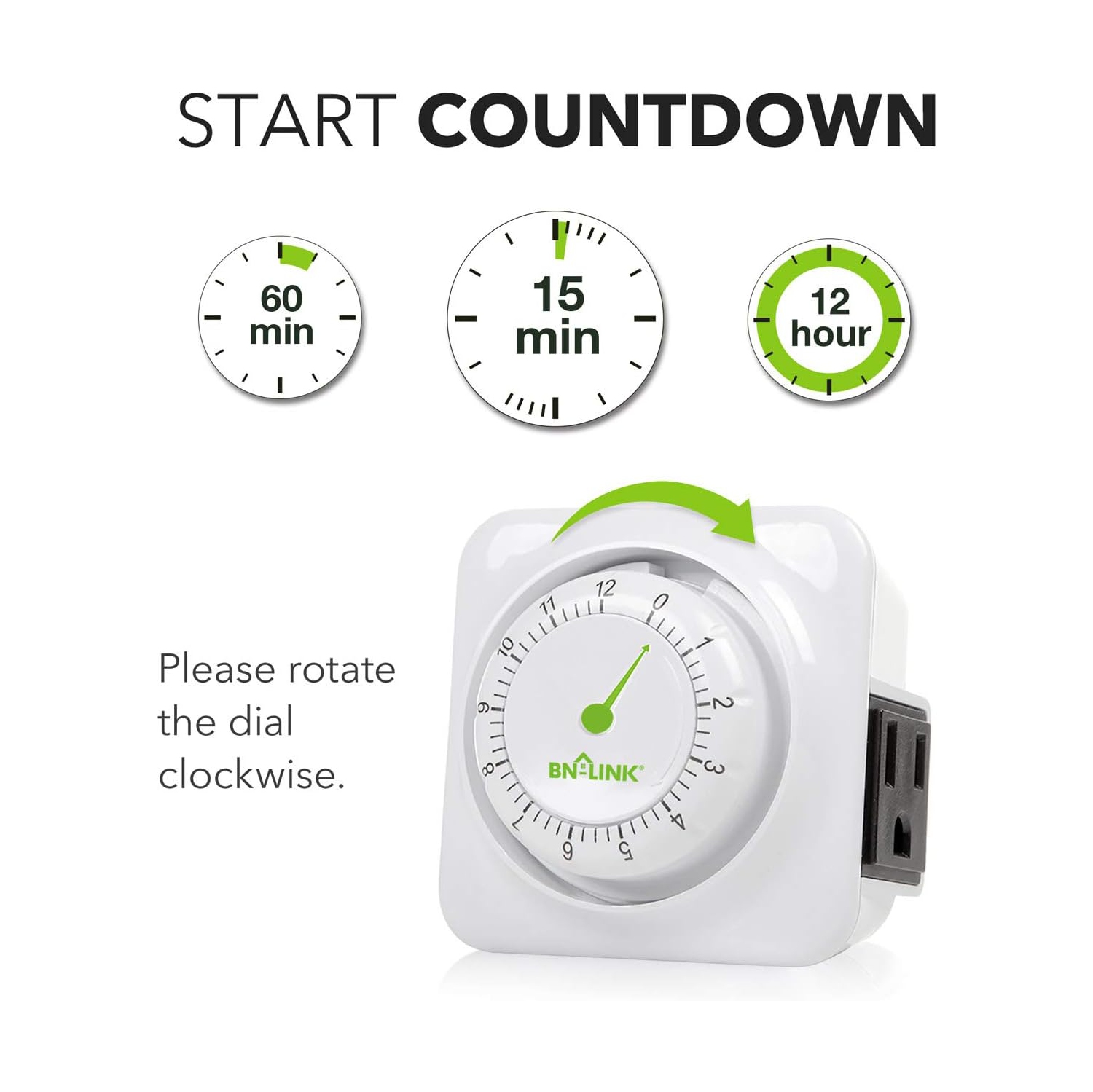 BN-LINK 12-Hour Indoor Timer: 3-prong, 15-min increments – kitchen/chargers/lamps. 1875W, 1/2HP, ETL