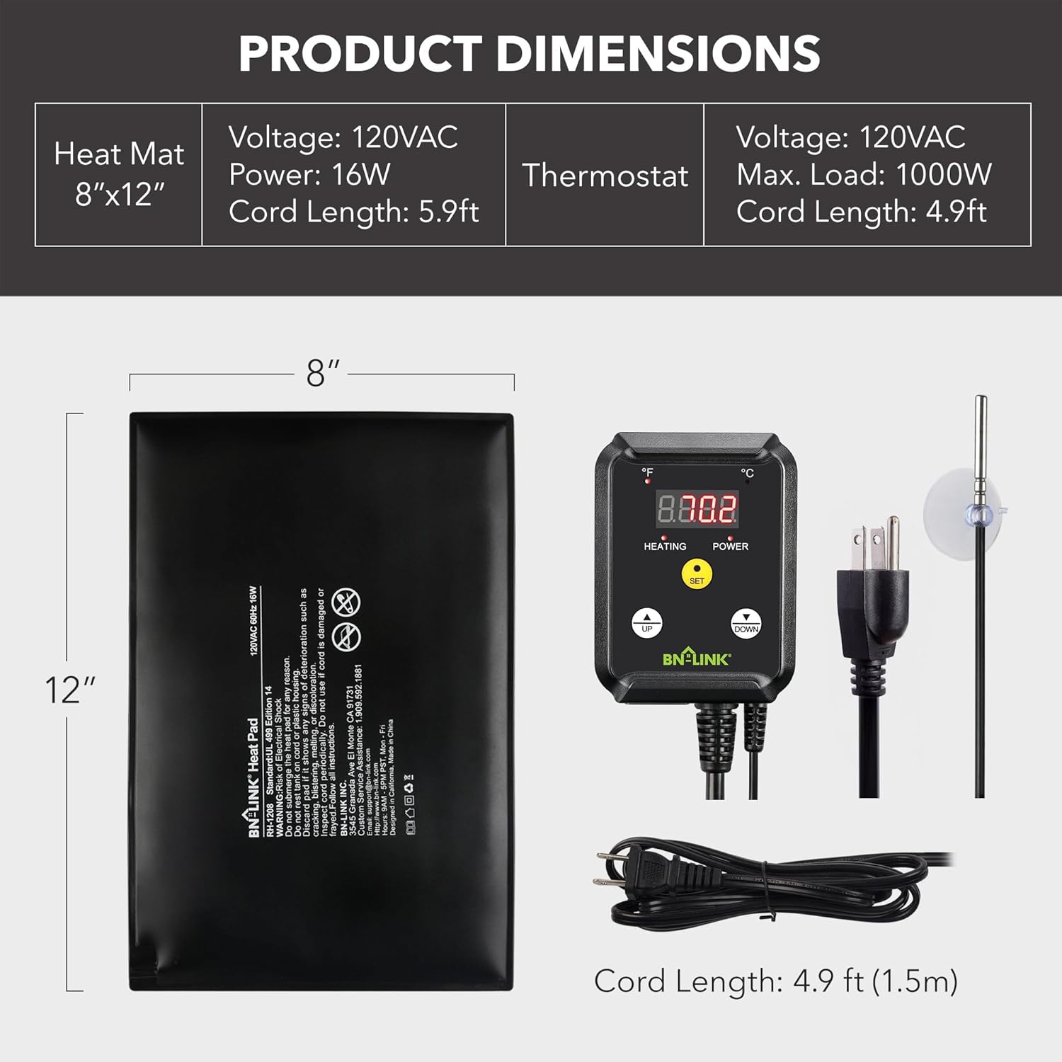 BN-LINK – Chaufferette pour reptile de 8 x 12&nbsp;po&nbsp;: Thermostat numérique combiné