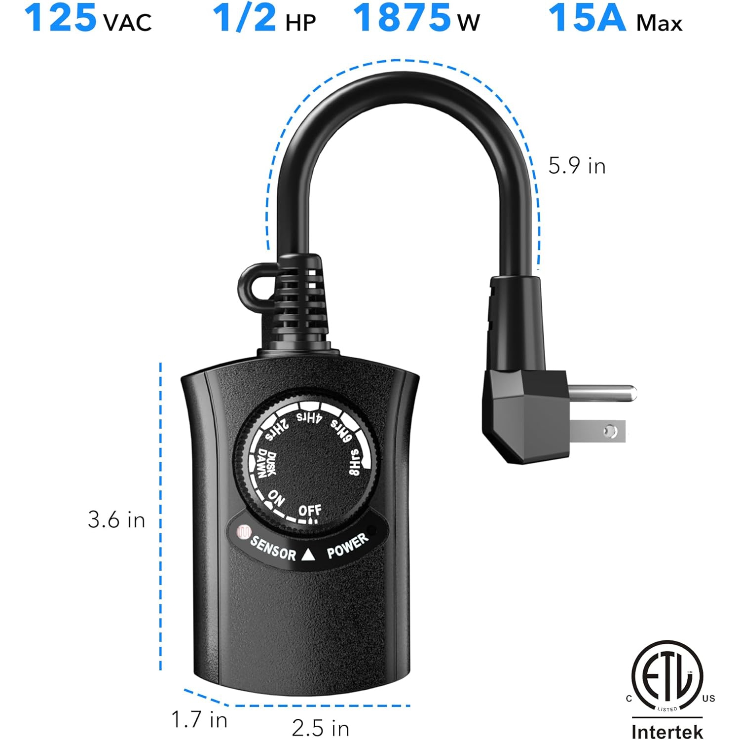 HBN Outdoor Light Timer: Waterproof, Dusk-to-Dawn Photocell + 2-8H Countdown, 1 Grounded Outlet, 15A 1875W 1/2HP, Black