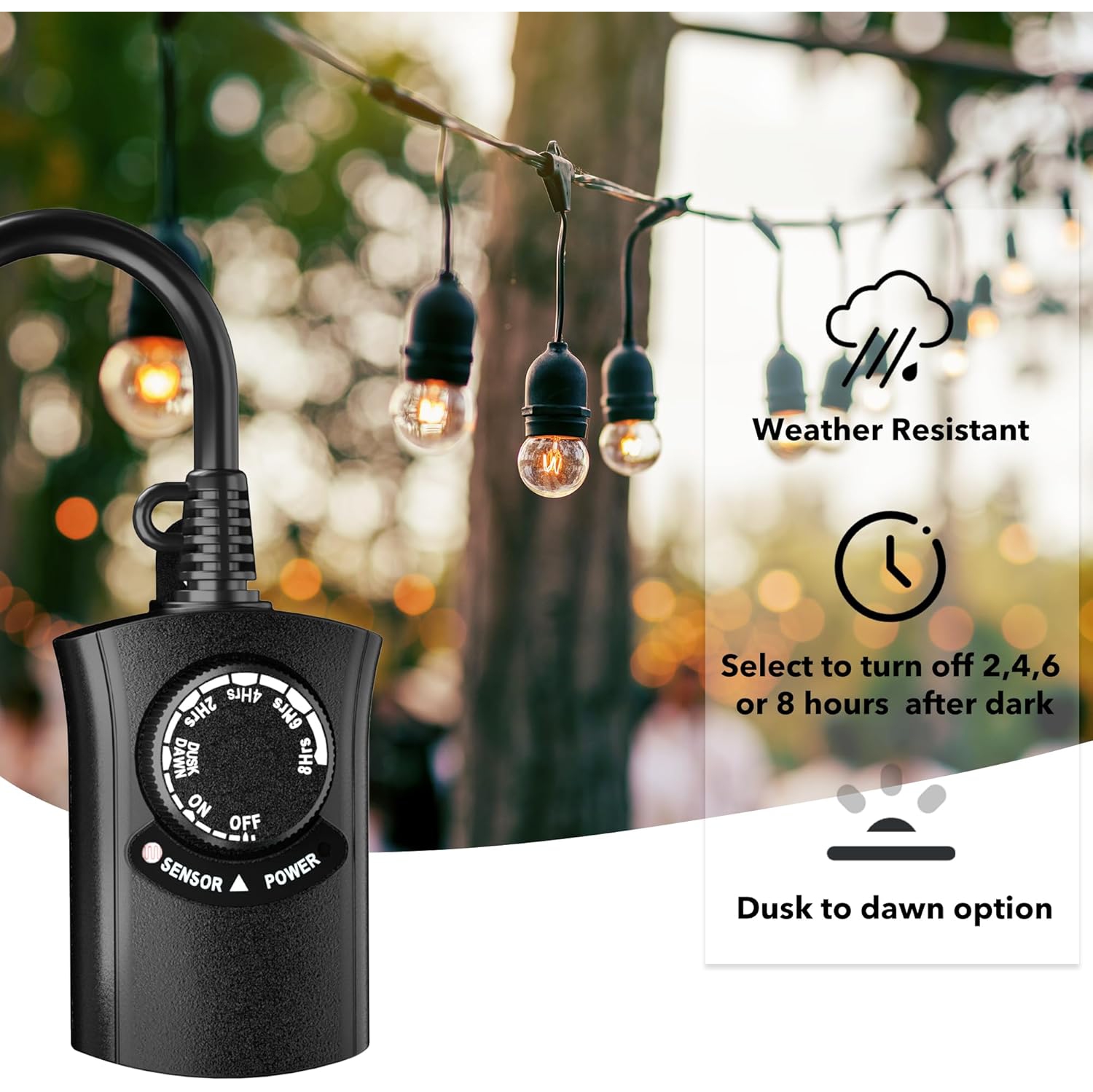 HBN Outdoor Light Timer: Waterproof, Dusk-to-Dawn Photocell + 2-8H Countdown, 1 Grounded Outlet, 15A 1875W 1/2HP, Black