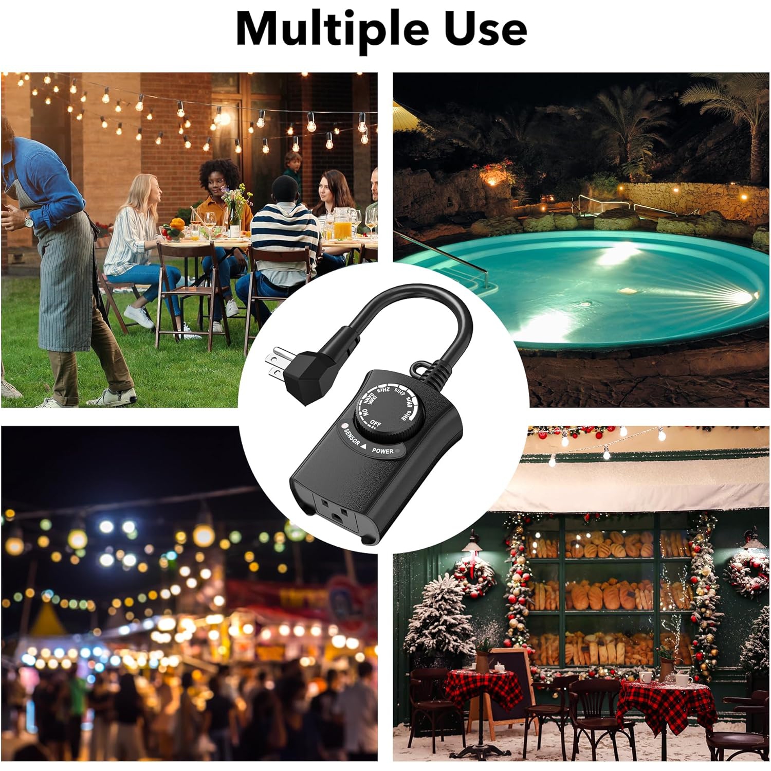 HBN Outdoor Light Timer: Waterproof, Dusk-to-Dawn Photocell + 2-8H Countdown, 1 Grounded Outlet, 15A 1875W 1/2HP, Black