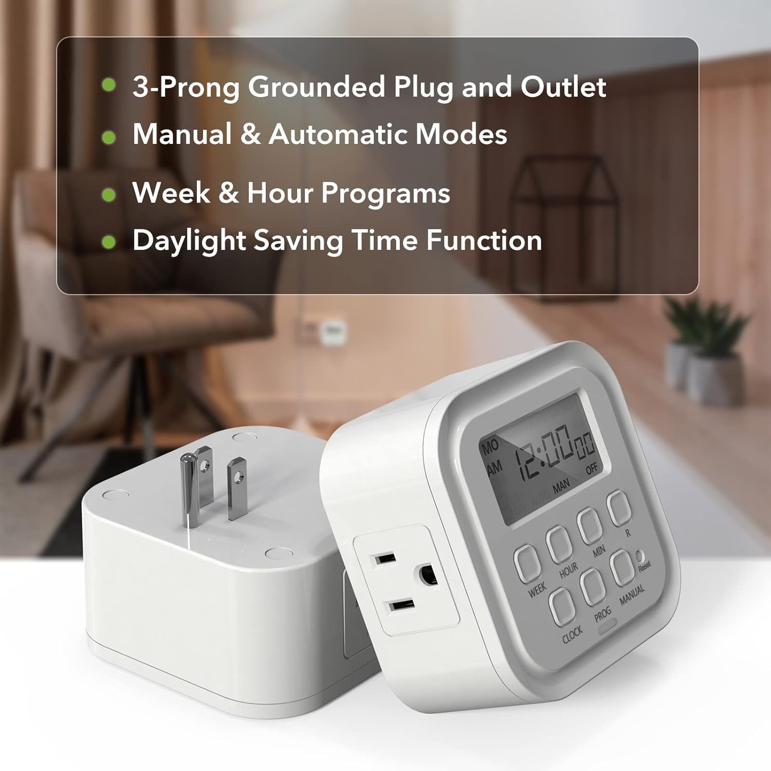 HBN 7-Day Heavy Duty Digital Timer: Dual 3-Prong Outlets, Programmable On/Off, Indoor for Lamps/Lights/Appliances, 125V 15A 1875W 60Hz, White