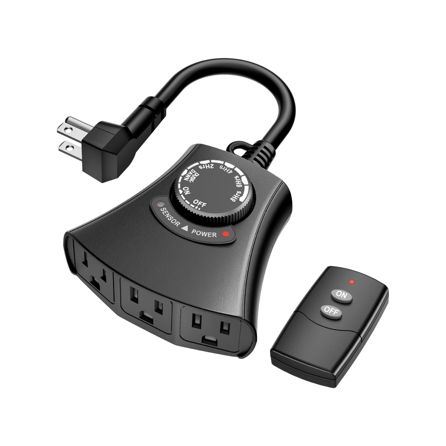 HBN Outdoor Light Timer: Waterproof/Weatherproof, Dusk-to-Dawn Photocell, Remote + 2/4/6/8H Countdown, 1 Grounded Outlet, 1875W 15A 1/2HP, Black