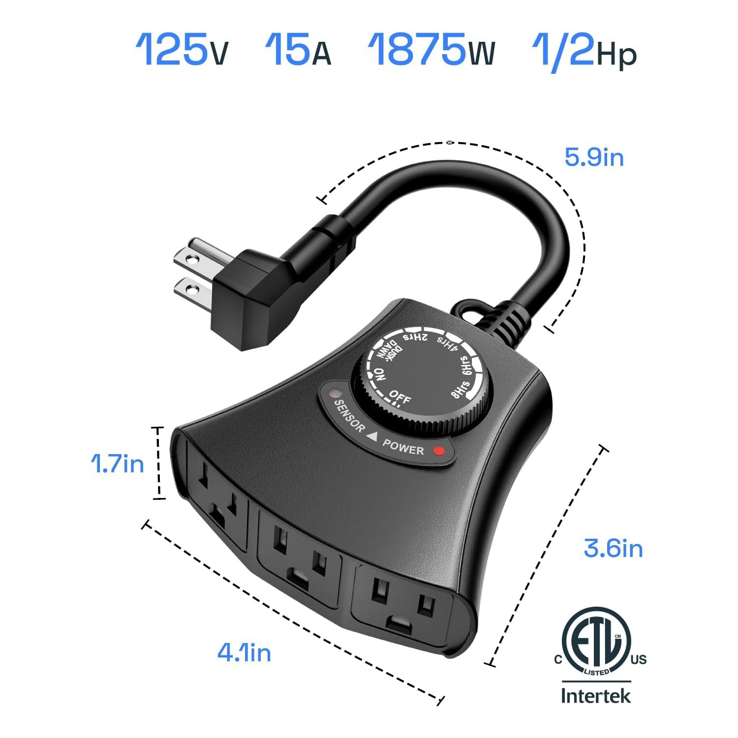 HBN Outdoor Light Timer: Waterproof/Weatherproof, Dusk-to-Dawn Photocell, Remote + 2/4/6/8H Countdown, 1 Grounded Outlet, 1875W 15A 1/2HP, Black