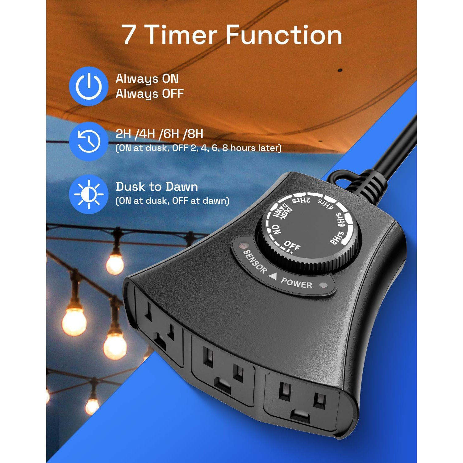 HBN Outdoor Light Timer: Waterproof/Weatherproof, Dusk-to-Dawn Photocell, Remote + 2/4/6/8H Countdown, 1 Grounded Outlet, 1875W 15A 1/2HP, Black