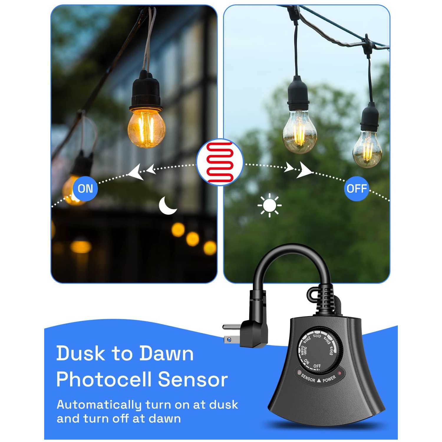 HBN Outdoor Light Timer: Waterproof/Weatherproof, Dusk-to-Dawn Photocell, Remote + 2/4/6/8H Countdown, 1 Grounded Outlet, 1875W 15A 1/2HP, Black