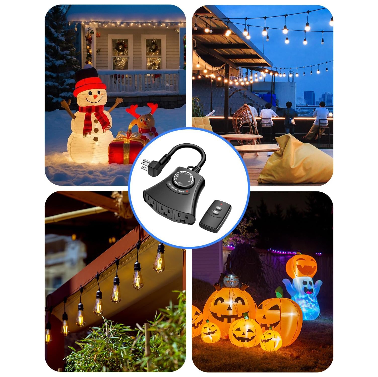 HBN Outdoor Light Timer: Waterproof/Weatherproof, Dusk-to-Dawn Photocell, Remote + 2/4/6/8H Countdown, 1 Grounded Outlet, 1875W 15A 1/2HP, Black