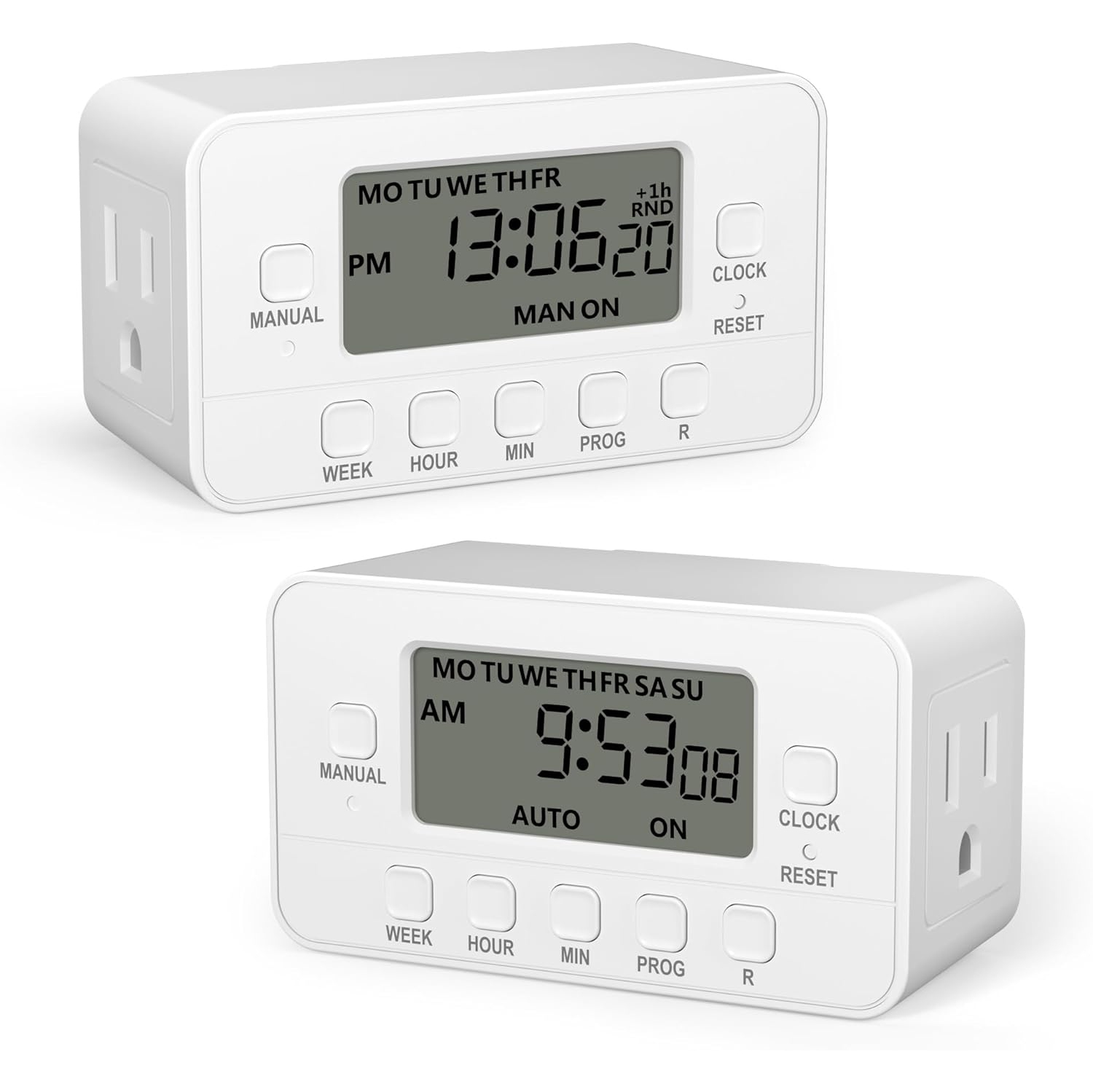 BN-LINK 7-Day Heavy Duty Digital Timer, Dual Outlet, LCD, 3-Prong, 125V 15A 1875W, 2 Pack