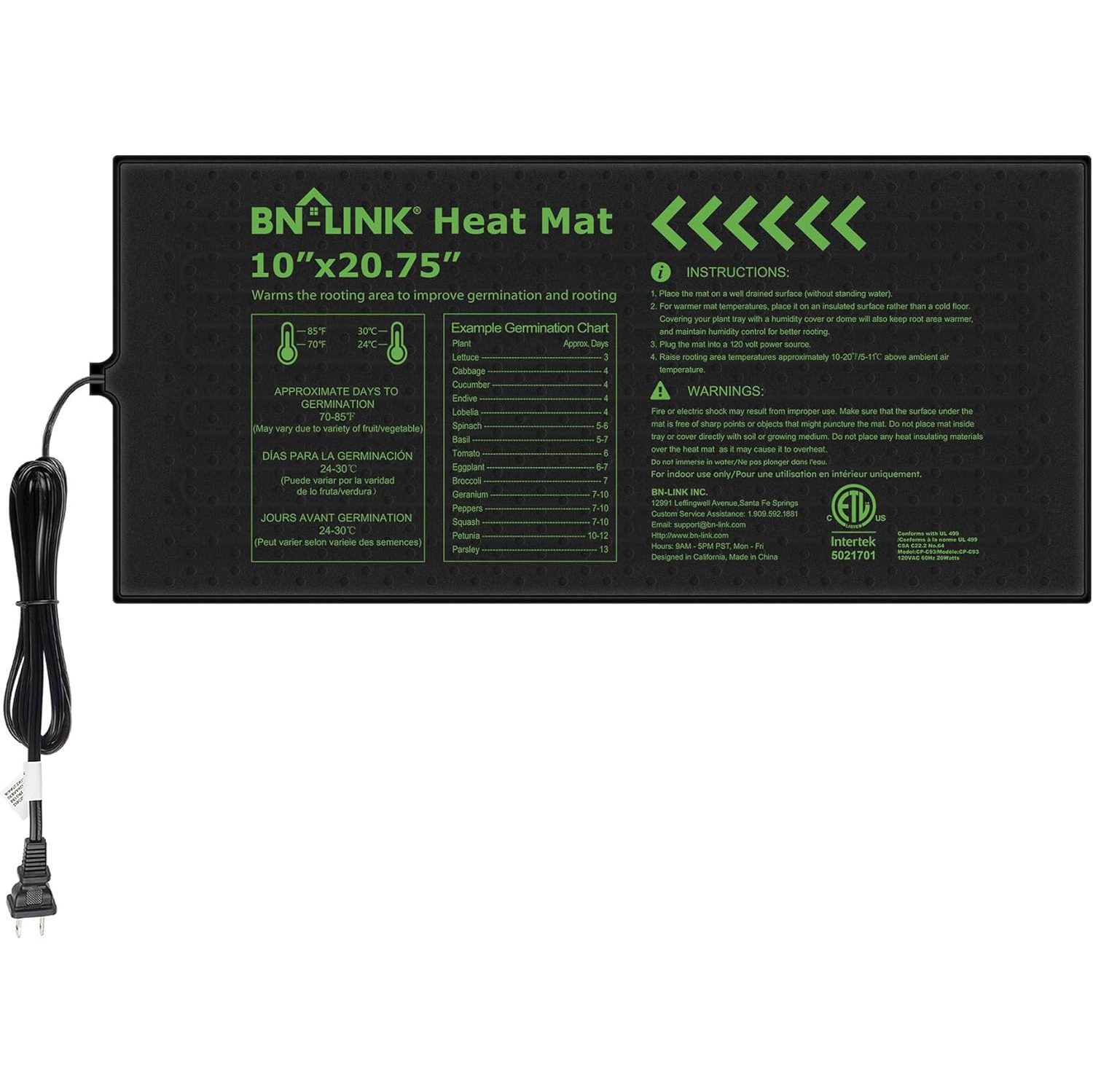 BN-LINK Durable Seedling Heat Mat, 10"x20.75", Waterproof, for Seed Starting/Greenhouse/Germination