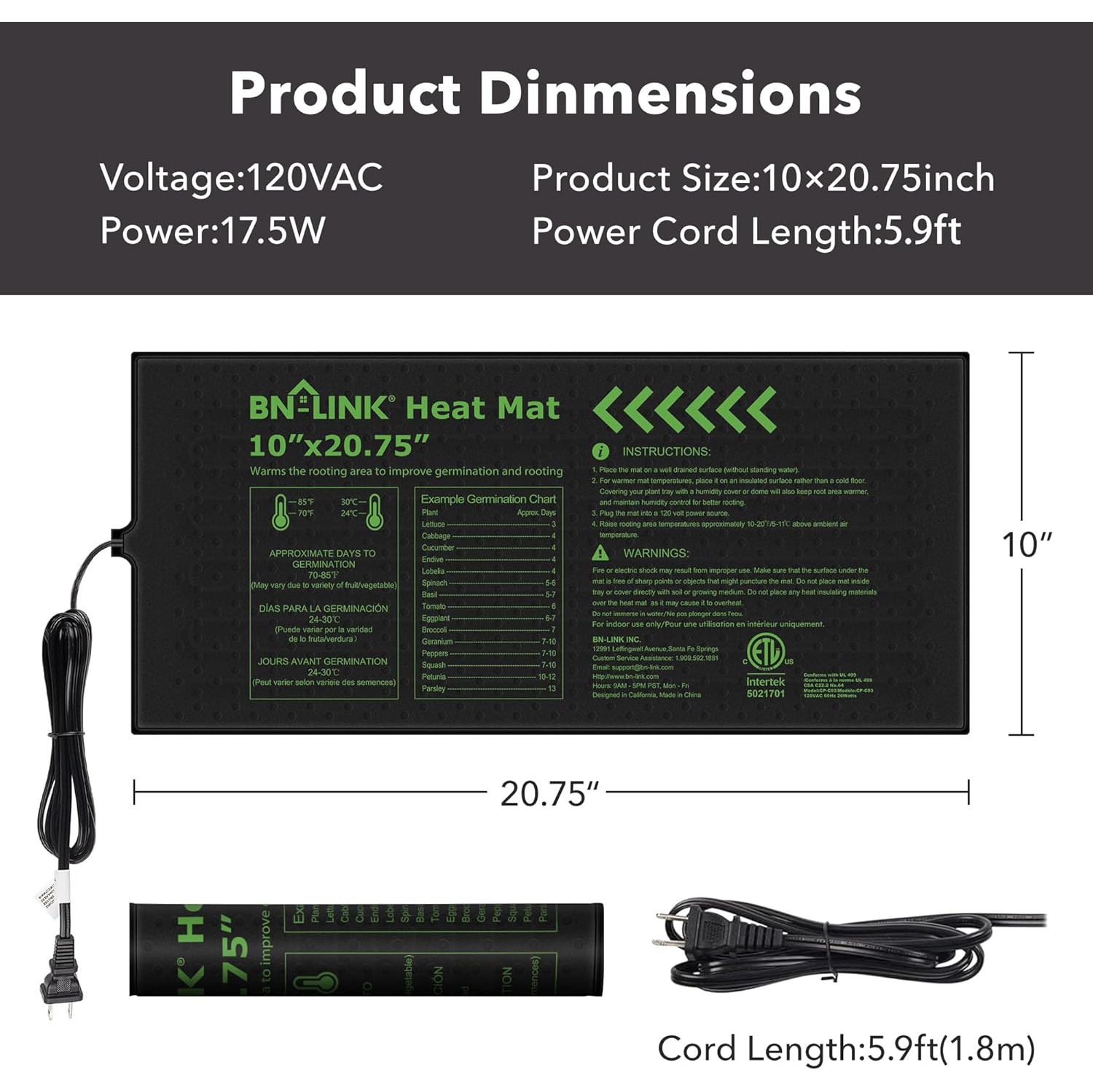 BN-LINK Durable Seedling Heat Mat, 10"x20.75", Waterproof, for Seed Starting/Greenhouse/Germination