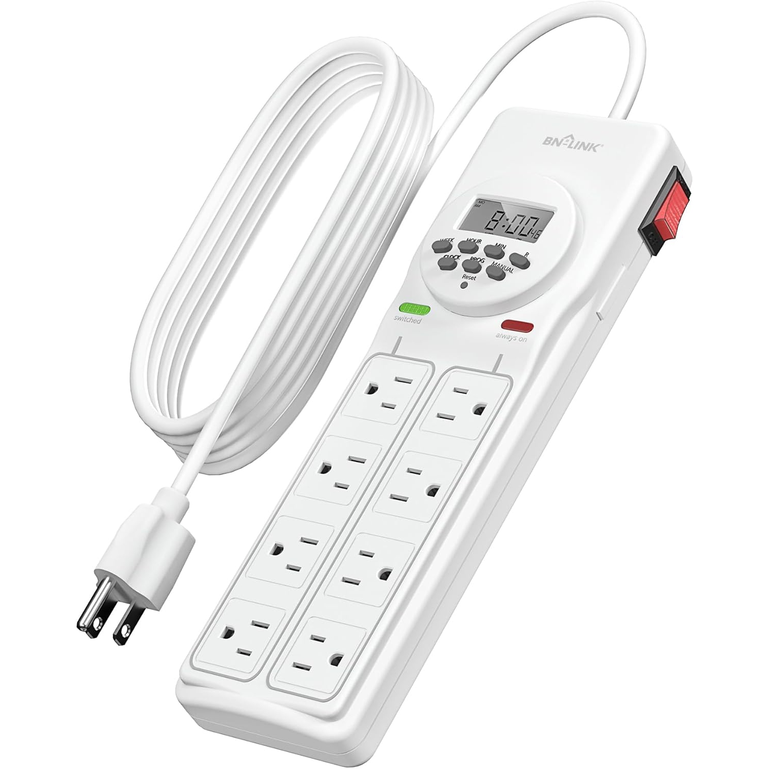 BN-LINK 8-Outlet Surge Protector: 4 timed, 4 always-on – 7-day digital timer