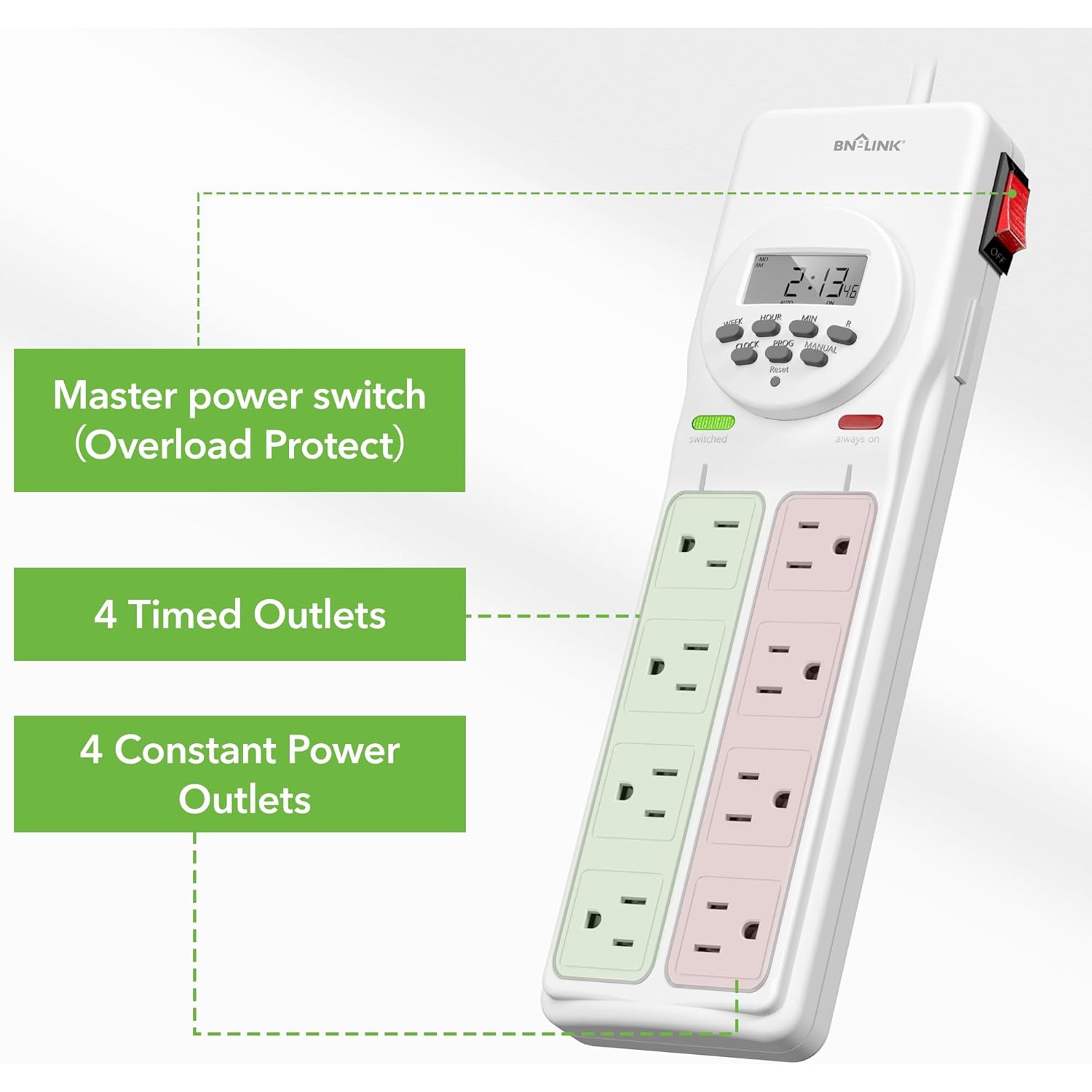 BN-LINK 8-Outlet Surge Protector: 4 timed, 4 always-on – 7-day digital timer