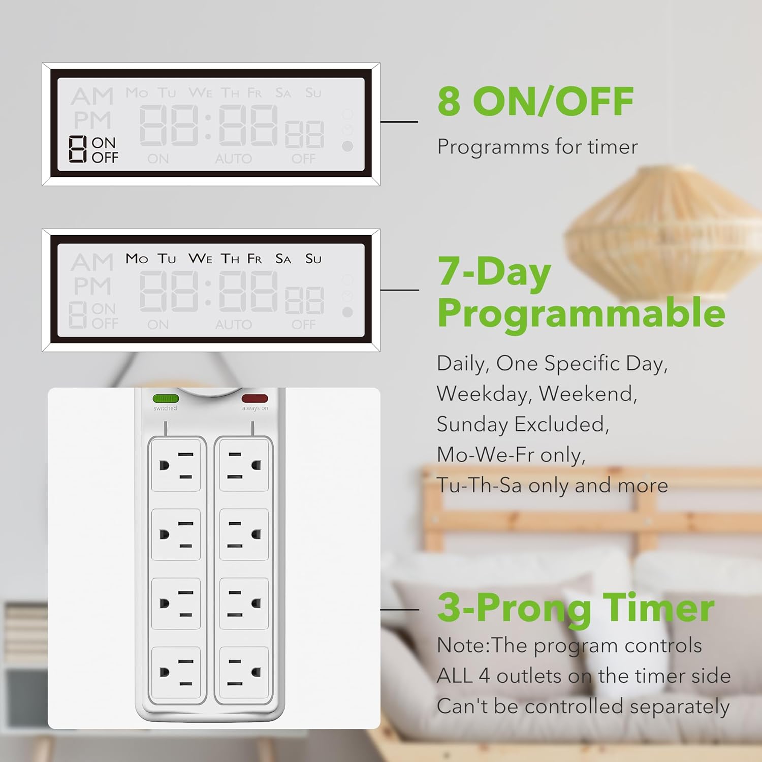 BN-LINK 8-Outlet Surge Protector: 4 timed, 4 always-on – 7-day digital timer