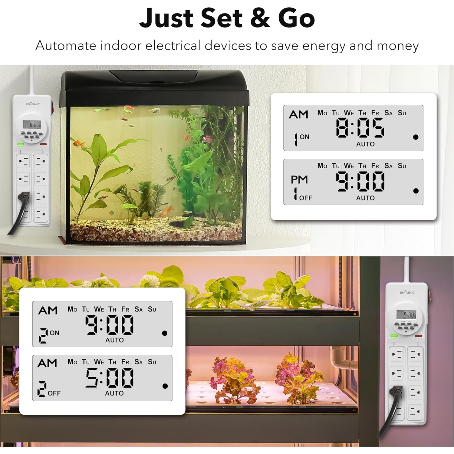 BN-LINK 8-Outlet Surge Protector: 4 timed, 4 always-on – 7-day digital timer