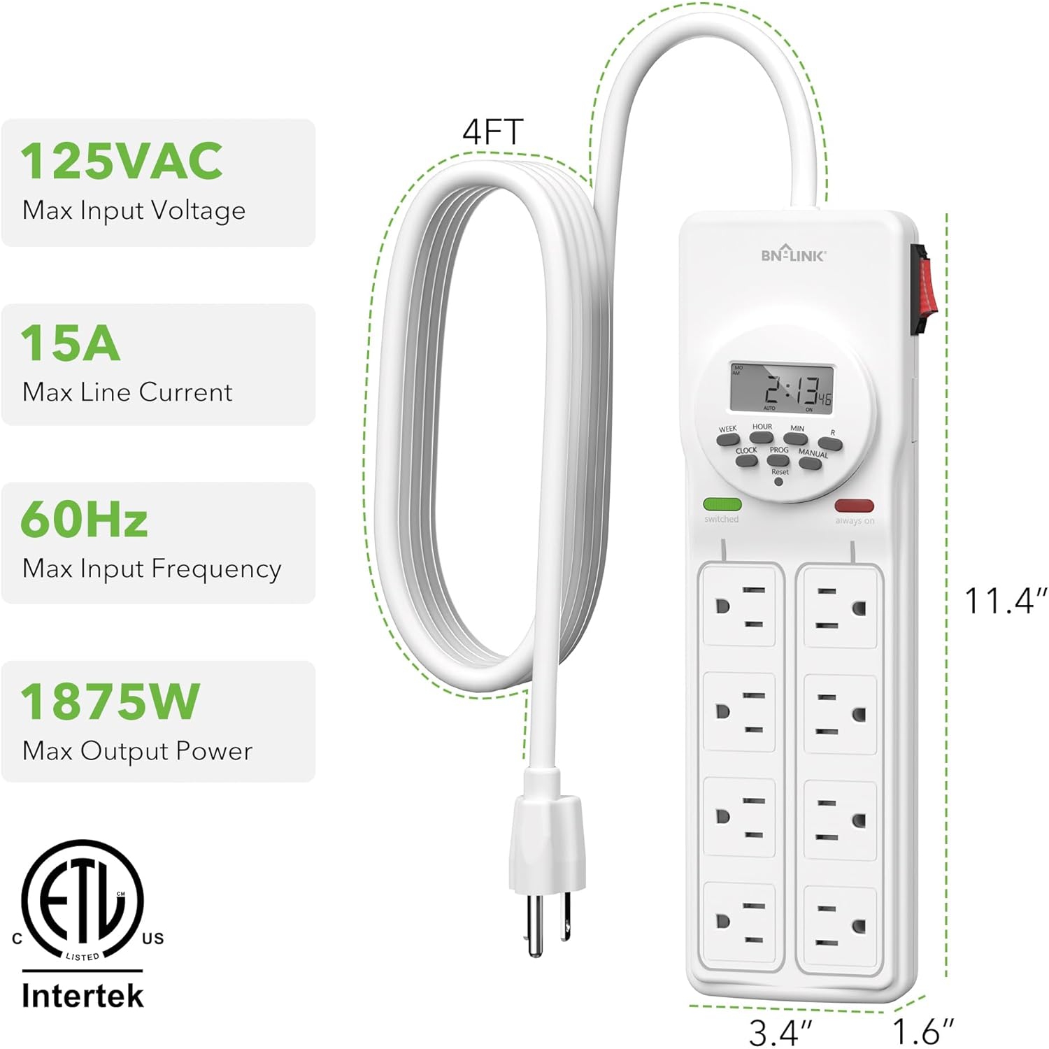 BN-LINK 8-Outlet Surge Protector: 4 timed, 4 always-on – 7-day digital timer