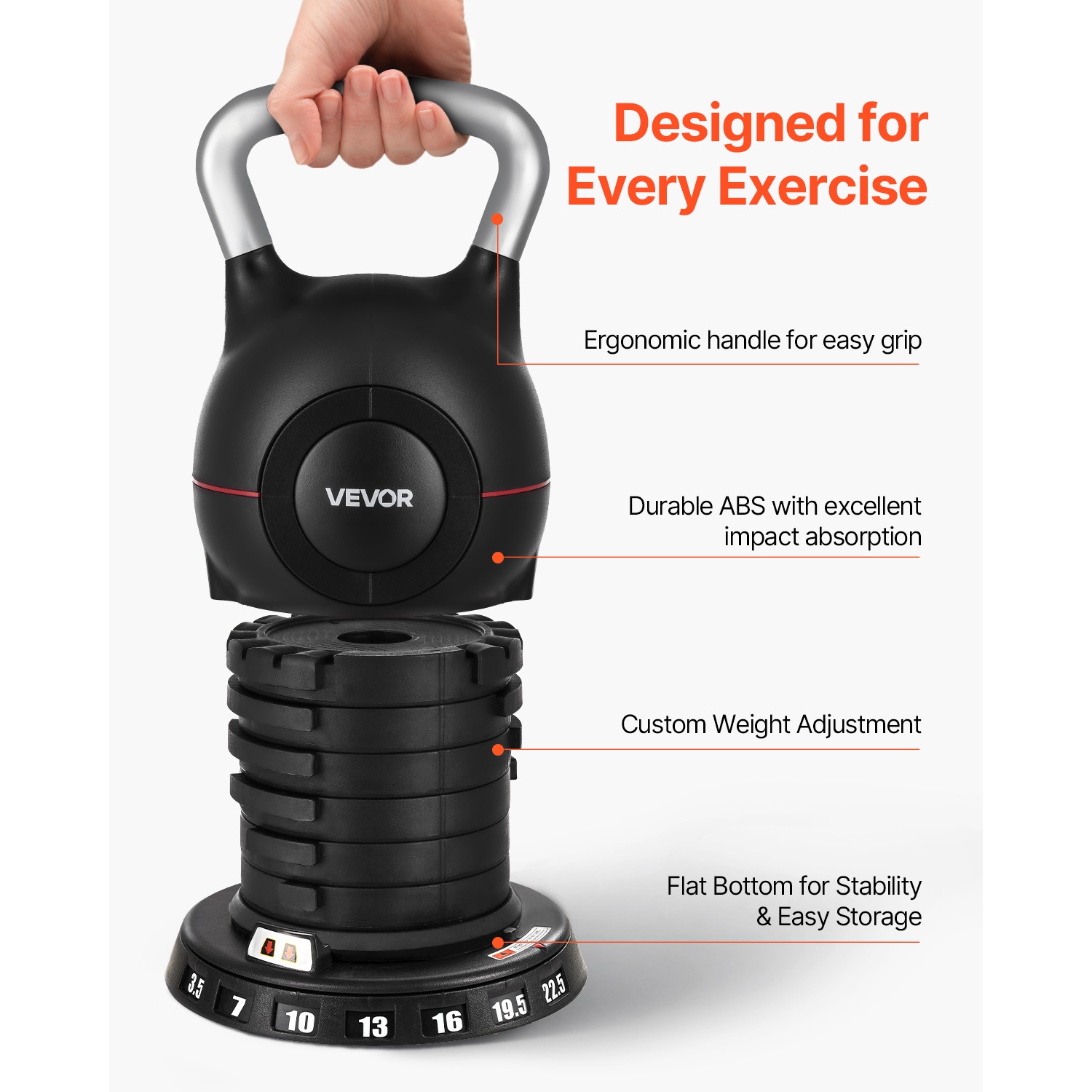 VEVOR Kettlebell, Adjustable Kettlebell with 7 Weight Levels, Die-Cast Aluminum and ABS Material, for Grip Strength Training, Full-body Workout