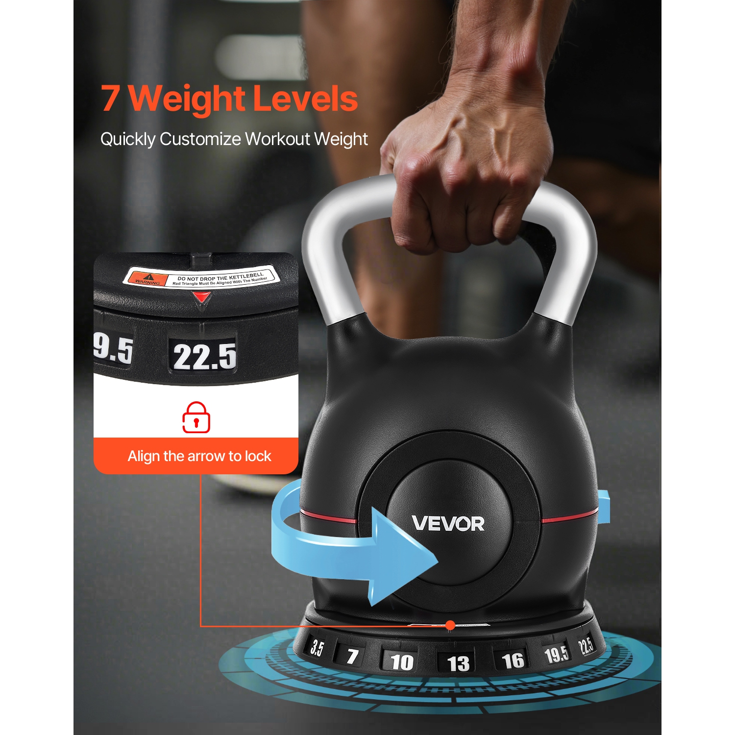 VEVOR Kettlebell, Adjustable Kettlebell with 7 Weight Levels, Die-Cast Aluminum and ABS Material, for Grip Strength Training, Full-body Workout