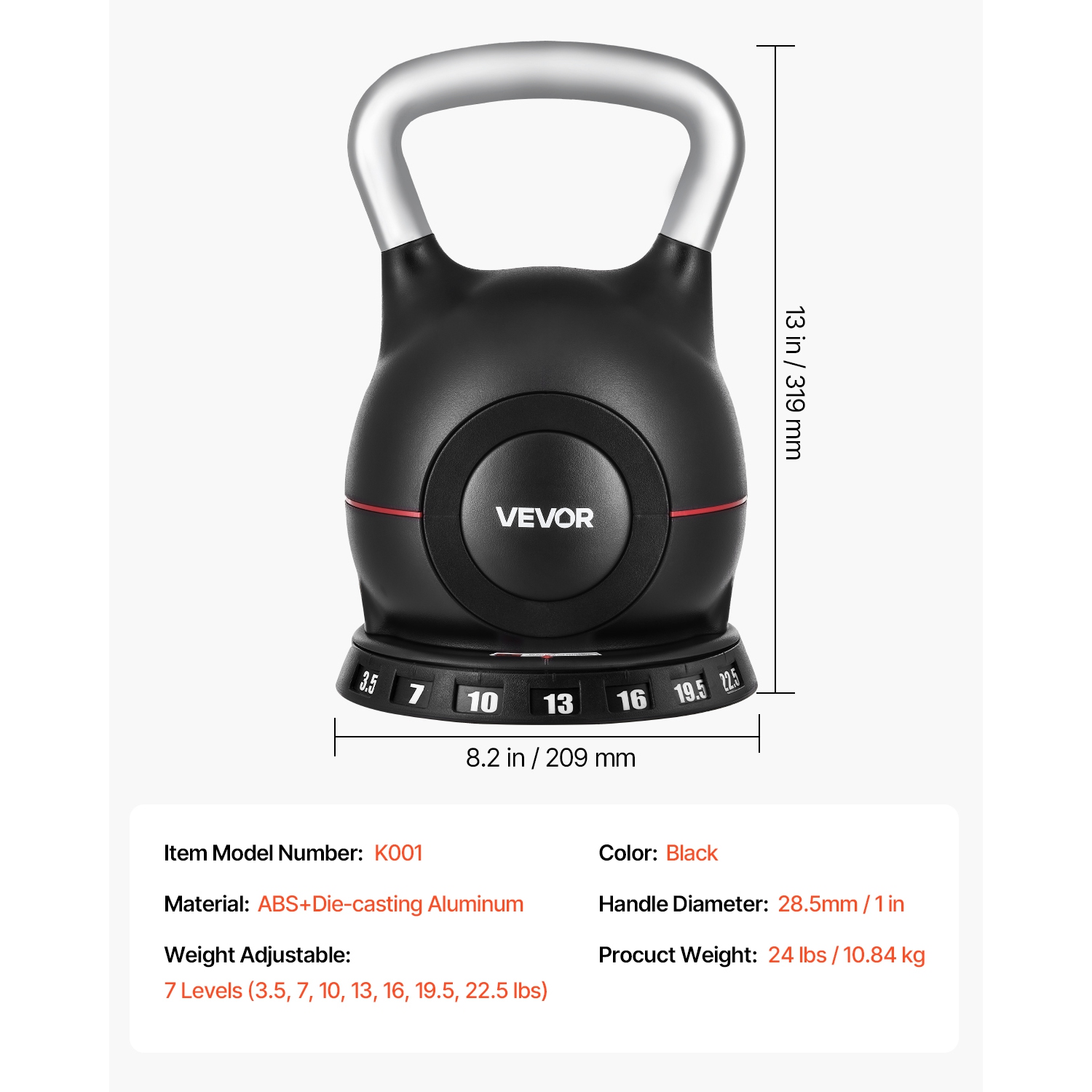 VEVOR Kettlebell, Adjustable Kettlebell with 7 Weight Levels, Die-Cast Aluminum and ABS Material, for Grip Strength Training, Full-body Workout