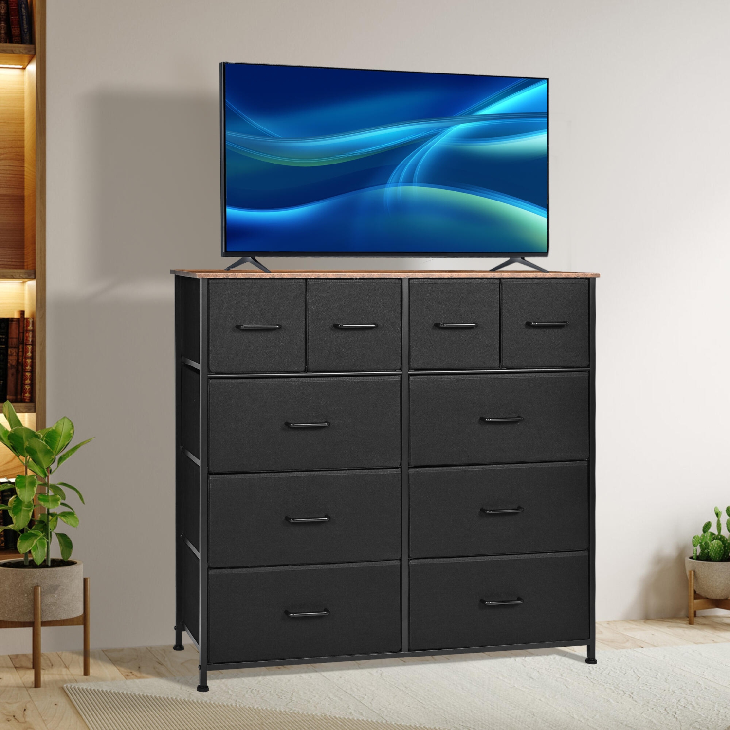Commode pour chambre à coucher avec 10 tiroirs de rangement, cadre en métal en bois pour téléviseur Meuble en tissu, tiroirs, range-tout, tour de