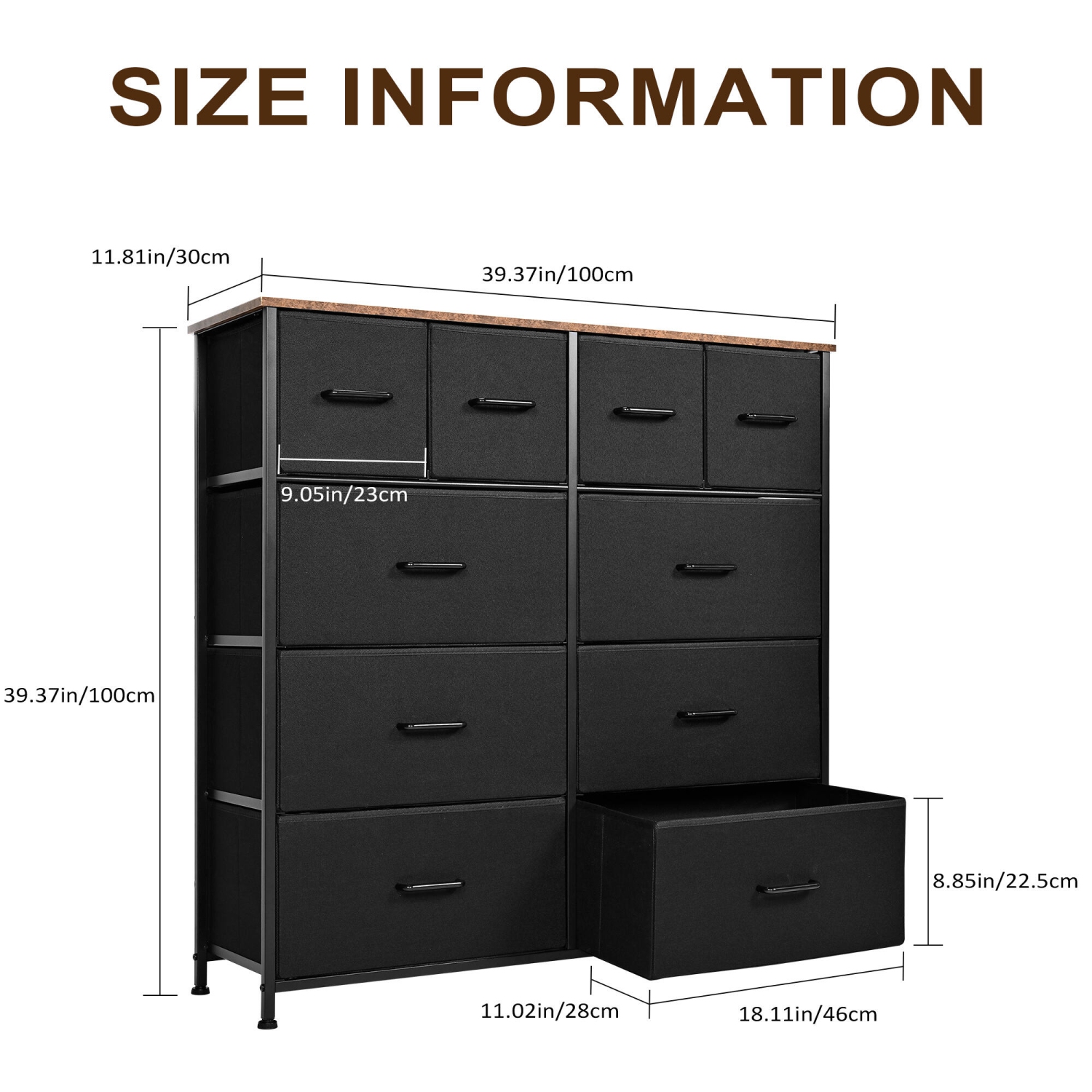 Commode pour chambre à coucher avec 10 tiroirs de rangement, cadre en métal en bois pour téléviseur Meuble en tissu, tiroirs, range-tout, tour de