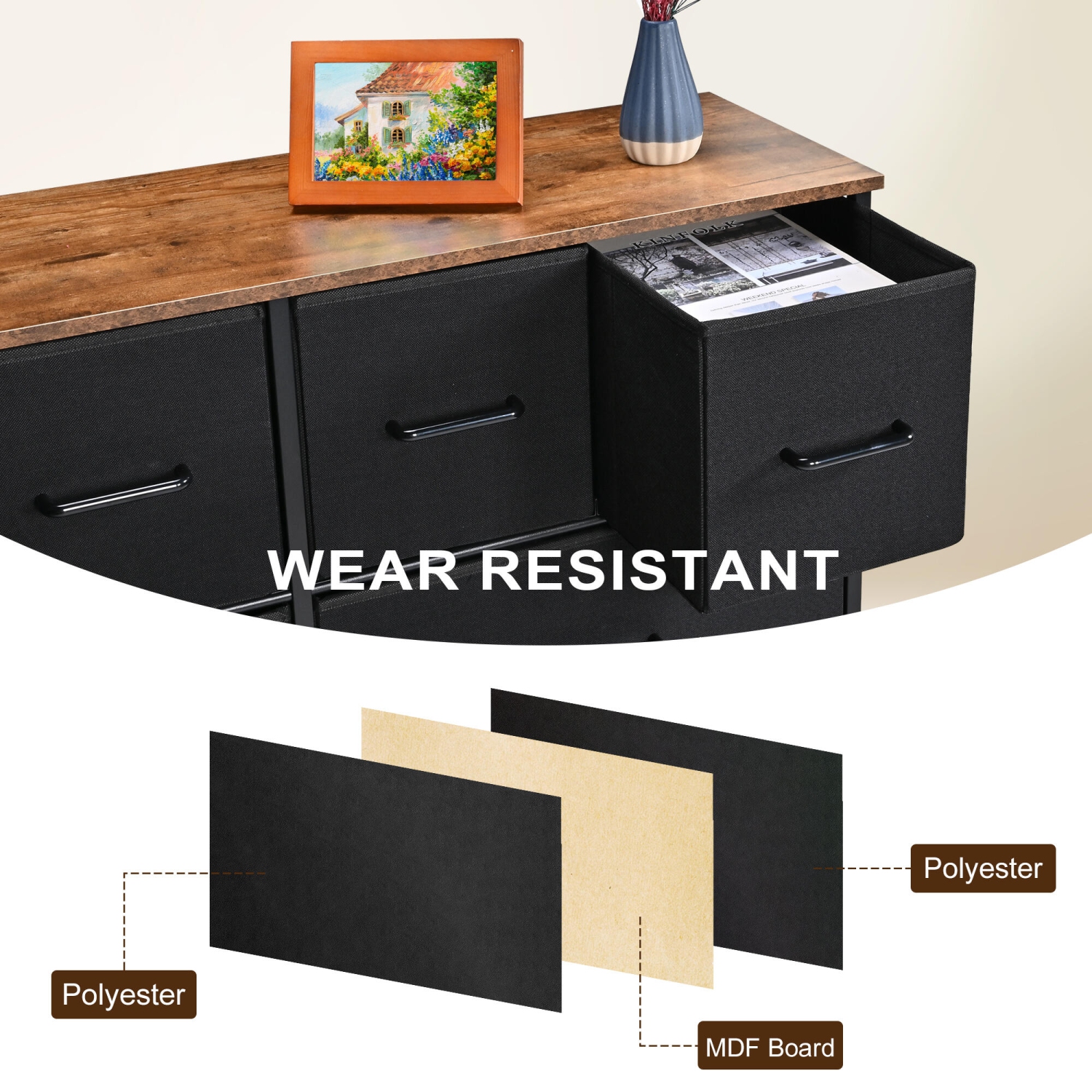 Commode pour chambre à coucher avec 10 tiroirs de rangement, cadre en métal en bois pour téléviseur Meuble en tissu, tiroirs, range-tout, tour de