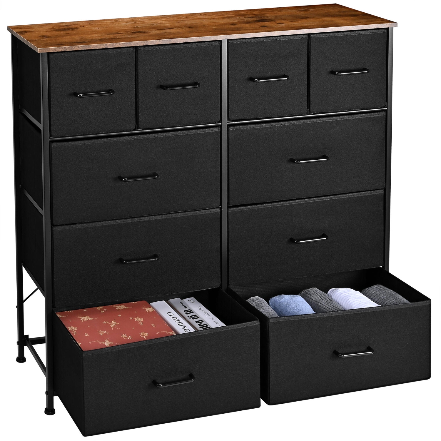 Commode pour chambre à coucher avec 10 tiroirs de rangement, cadre en métal en bois pour téléviseur Meuble en tissu, tiroirs, range-tout, tour de