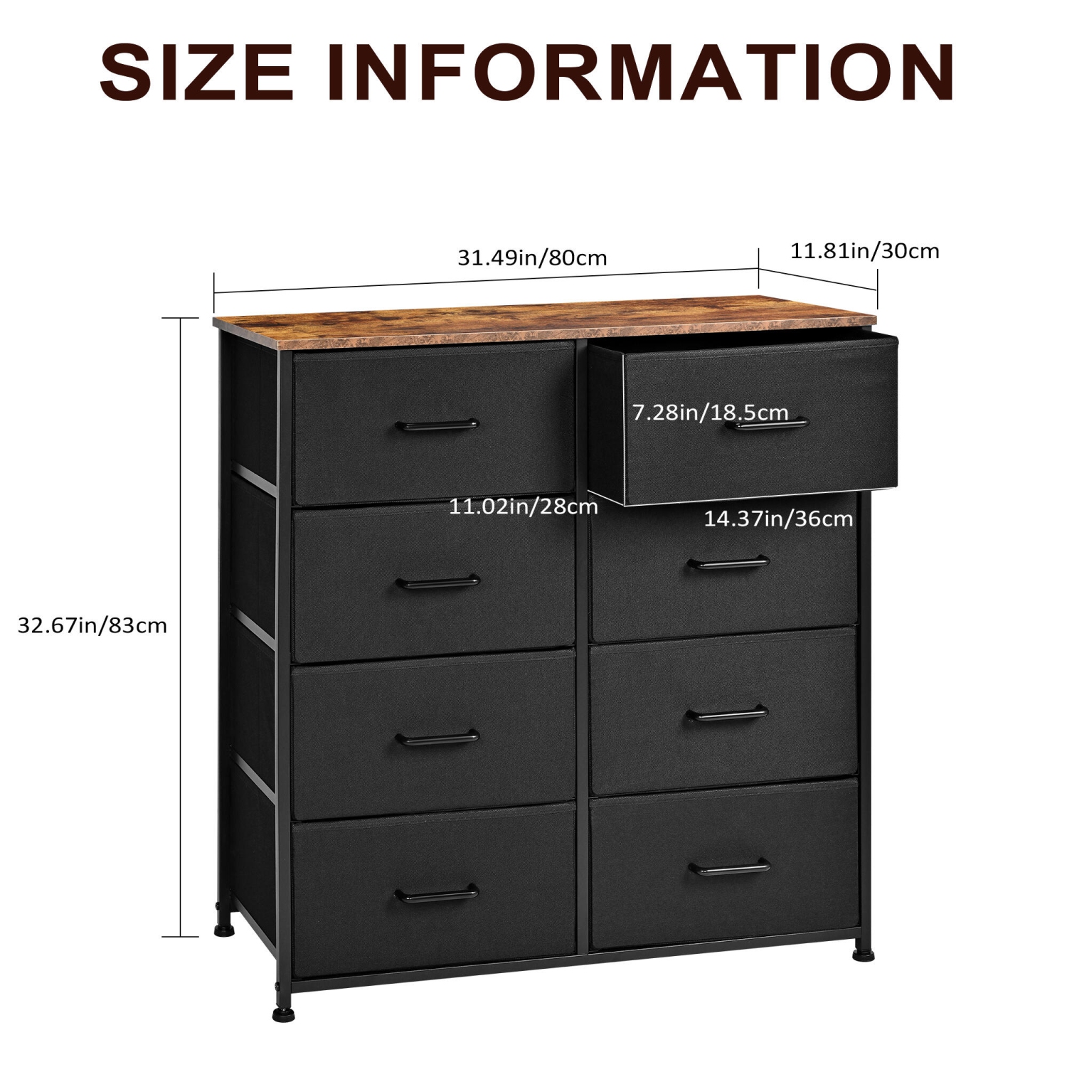 Commode SortWise avec dessus en bois et cadre en acier, commode à 8 tiroirs avec rangement et table de chevet
