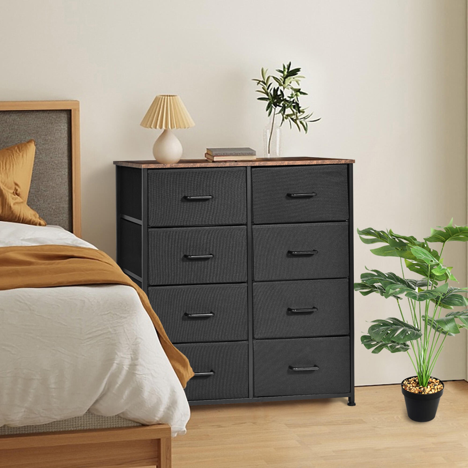 Commode SortWise avec dessus en bois et cadre en acier, commode à 8 tiroirs avec rangement et table de chevet