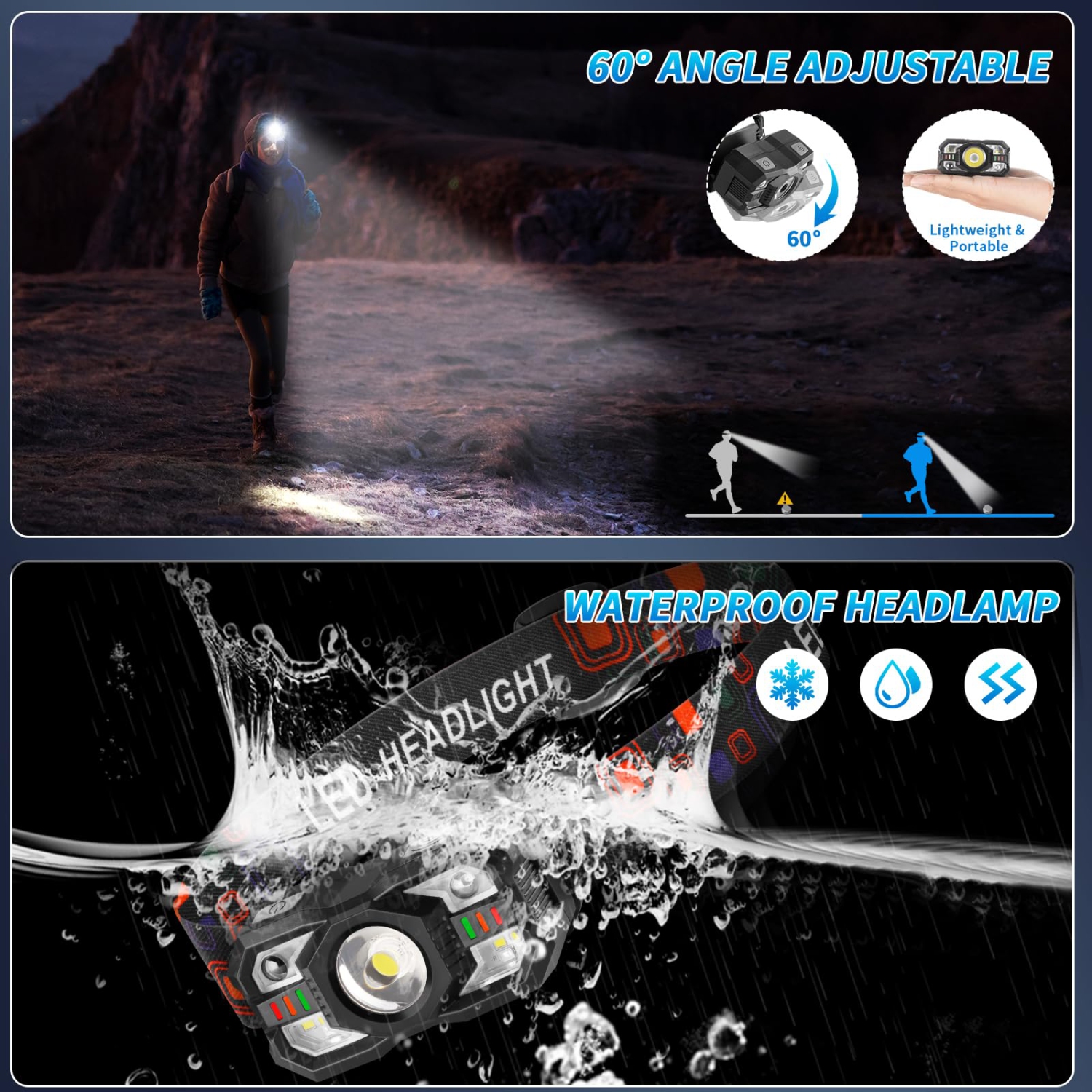 Paquet de 2 lampes frontales rechargeables LED, lampe frontale portative avec capteur de mouvement, 5 modes d'éclairage pour la course, la chasse et