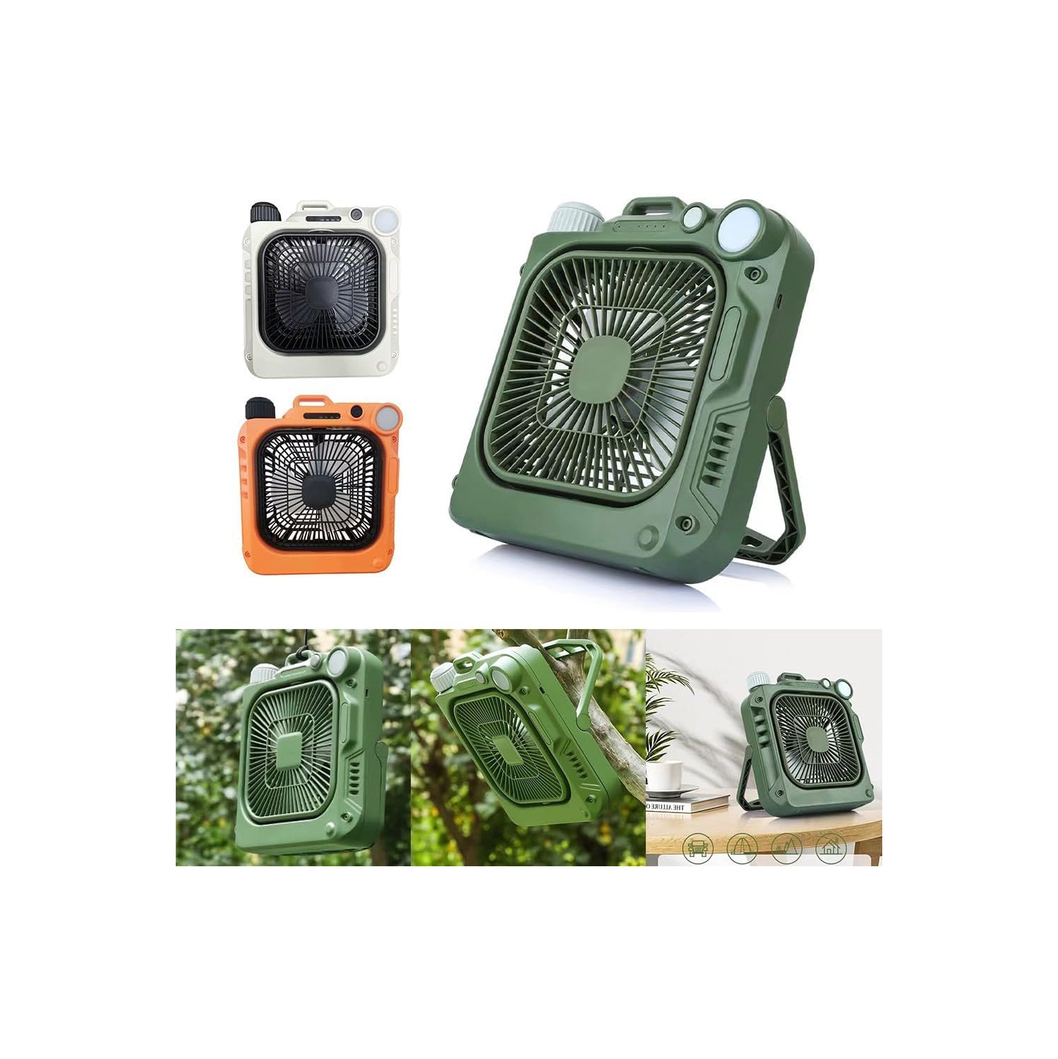 Ventilateur de table de camping extérieur – Ventilateur portatif rechargeable avec lampe LED, ventilateur oscillant silencieux, idéal pour le bureau,