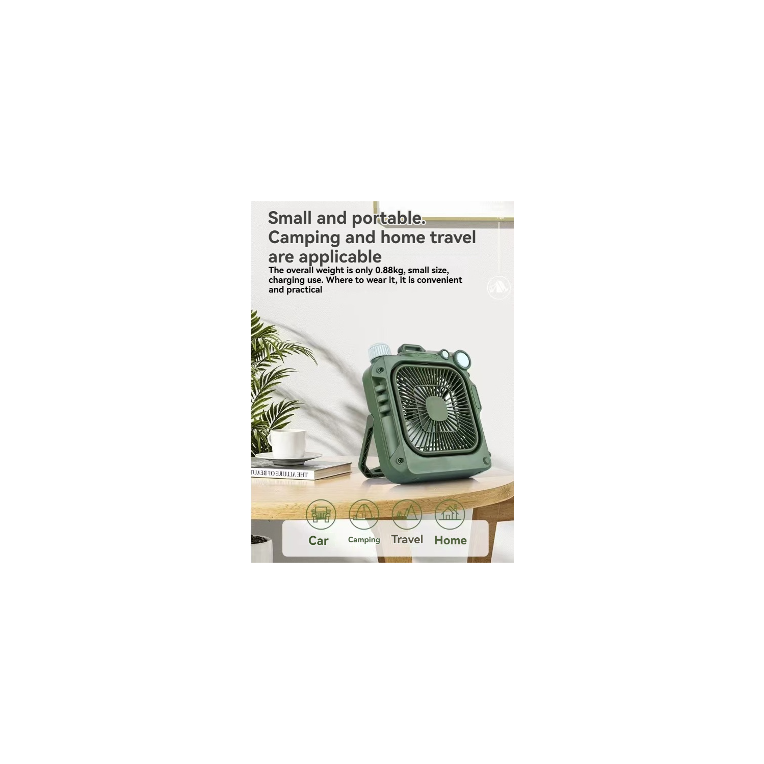 Ventilateur de table de camping extérieur – Ventilateur portatif rechargeable avec lampe LED, ventilateur oscillant silencieux, idéal pour le bureau,