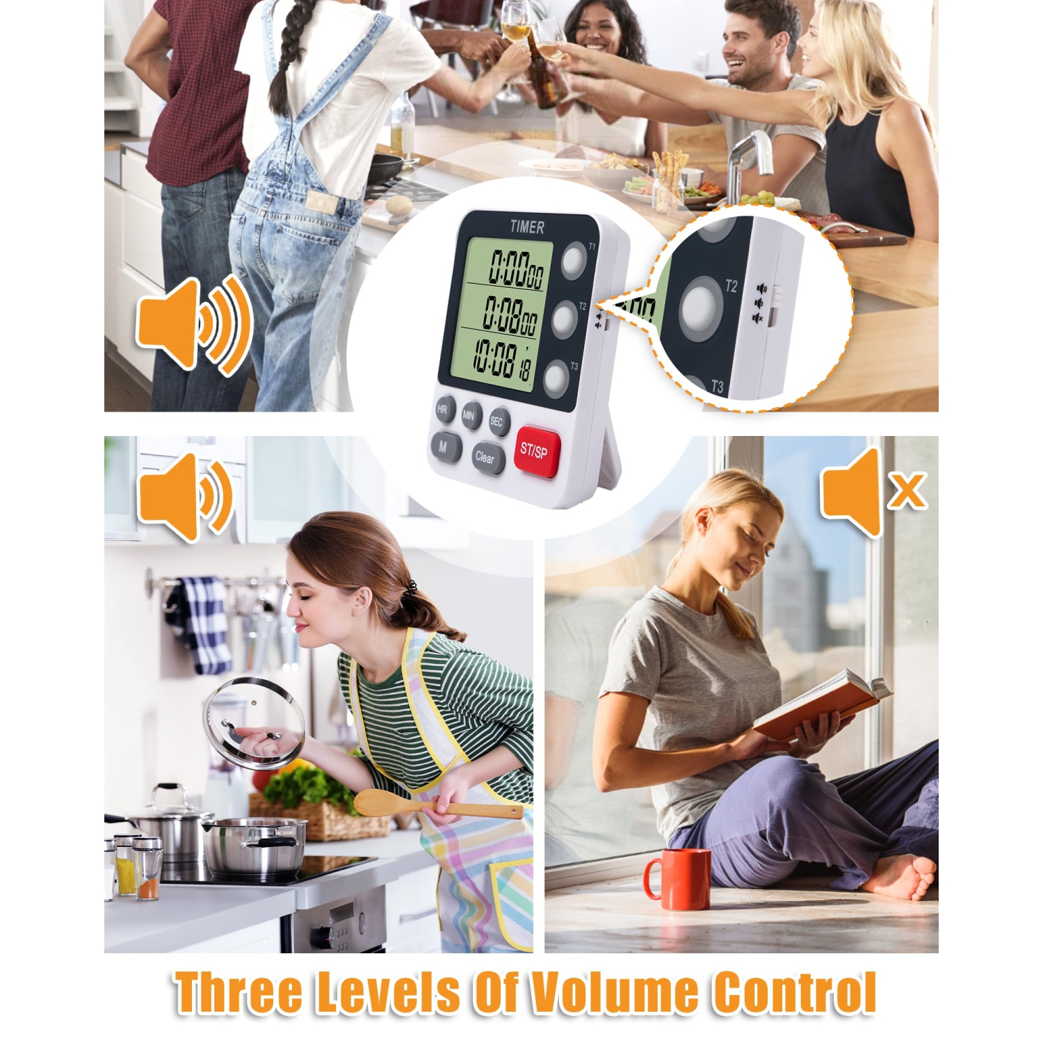 Minuterie de cuisine numérique, minuterie portative à trois canaux avec alarme, grand écran, mini minuterie pour aliments, convient à la cuisine et