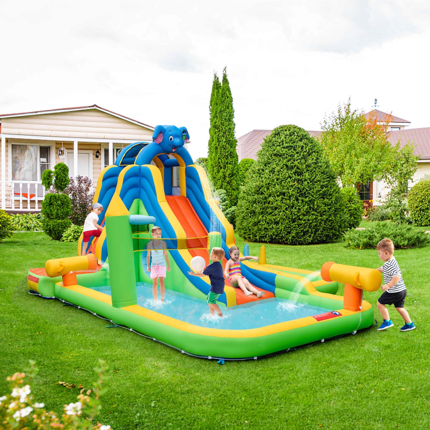 Costway Inflatable Water Slide Giant Water Park for Kids Backyard Fun with 735W Blower