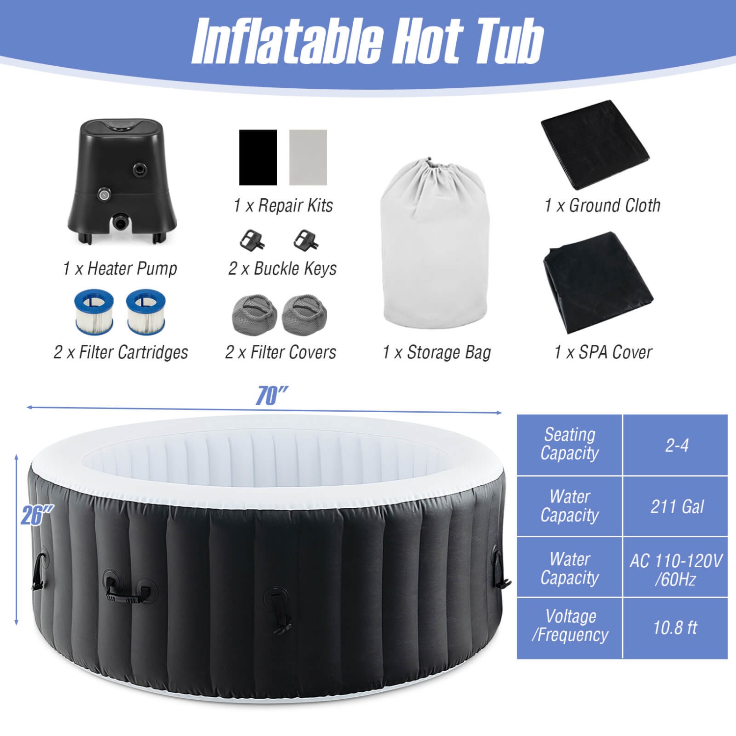 Costway 70" Round SPA Pool Inflatable Hot Tub with 110 Air Jets Electric Heater Pump