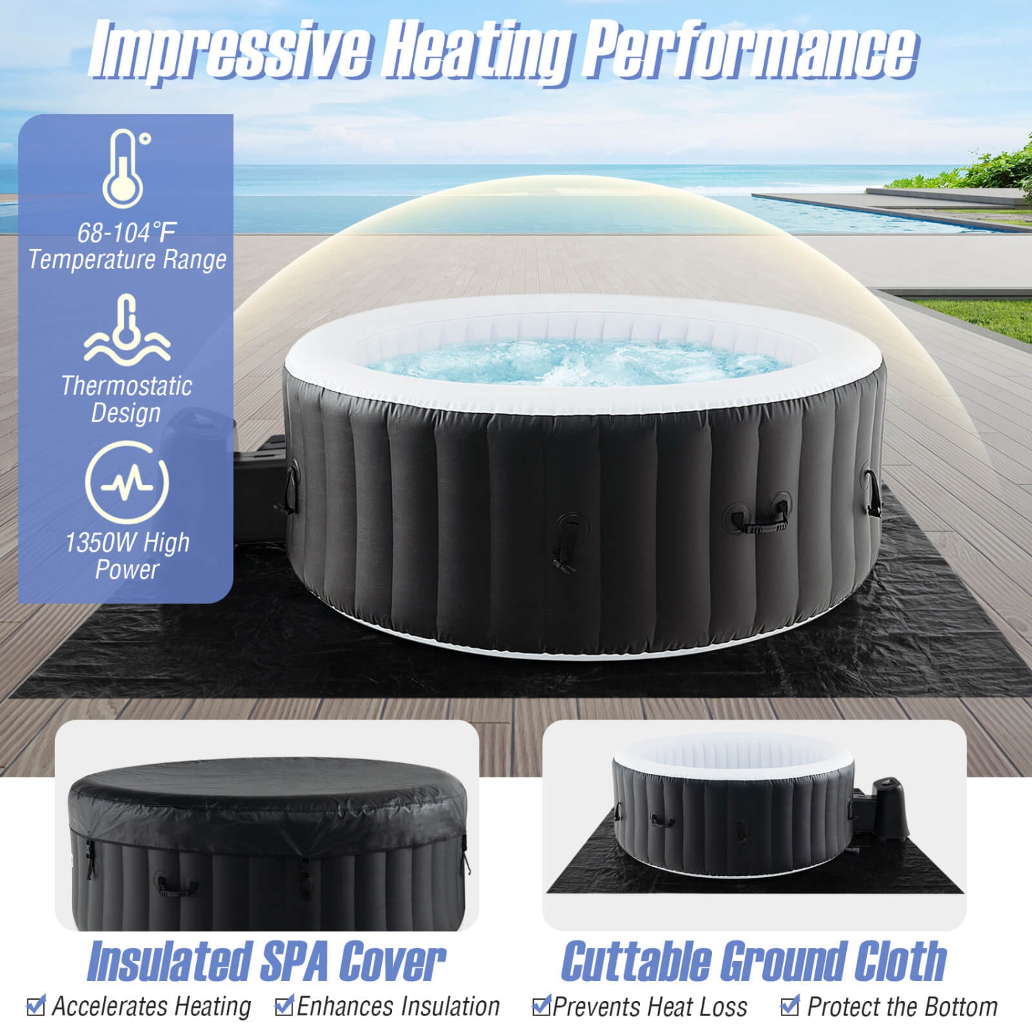 Costway 70" Round SPA Pool Inflatable Hot Tub with 110 Air Jets Electric Heater Pump