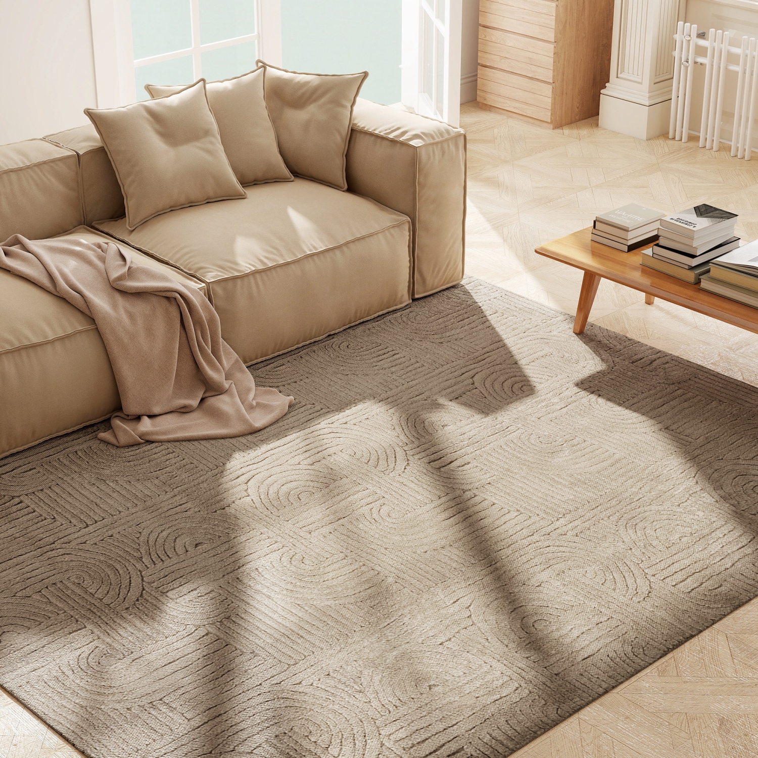 HOMCOM 7.5x9.5 Area Rug, Luxurious Faux Fur Rug, Non-Slip Floor Carpet for Living Room, Bedroom, Dining Room, Home Office, Tan