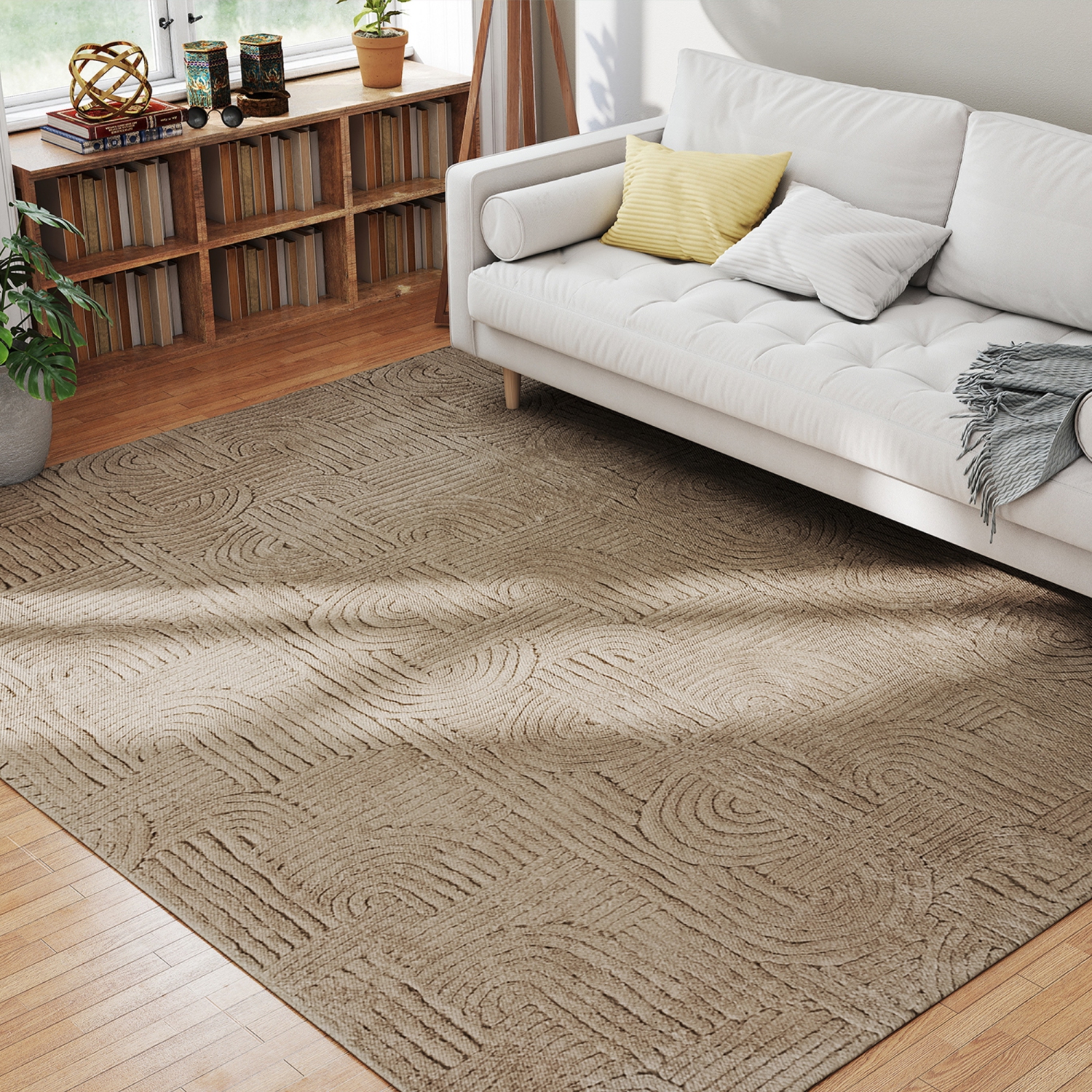 HOMCOM 7.5x9.5 Area Rug, Luxurious Faux Fur Rug, Non-Slip Floor Carpet for Living Room, Bedroom, Dining Room, Home Office, Tan