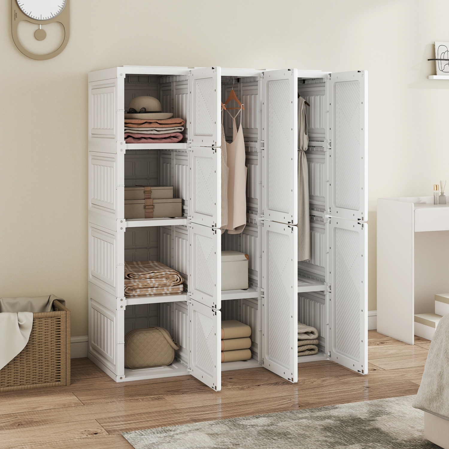Armoire portative de HOMCOM Armoire de rangement pliante vêtements en plastique pour chambre à coucher avec 6 compartiments cubiques et 2 tiges