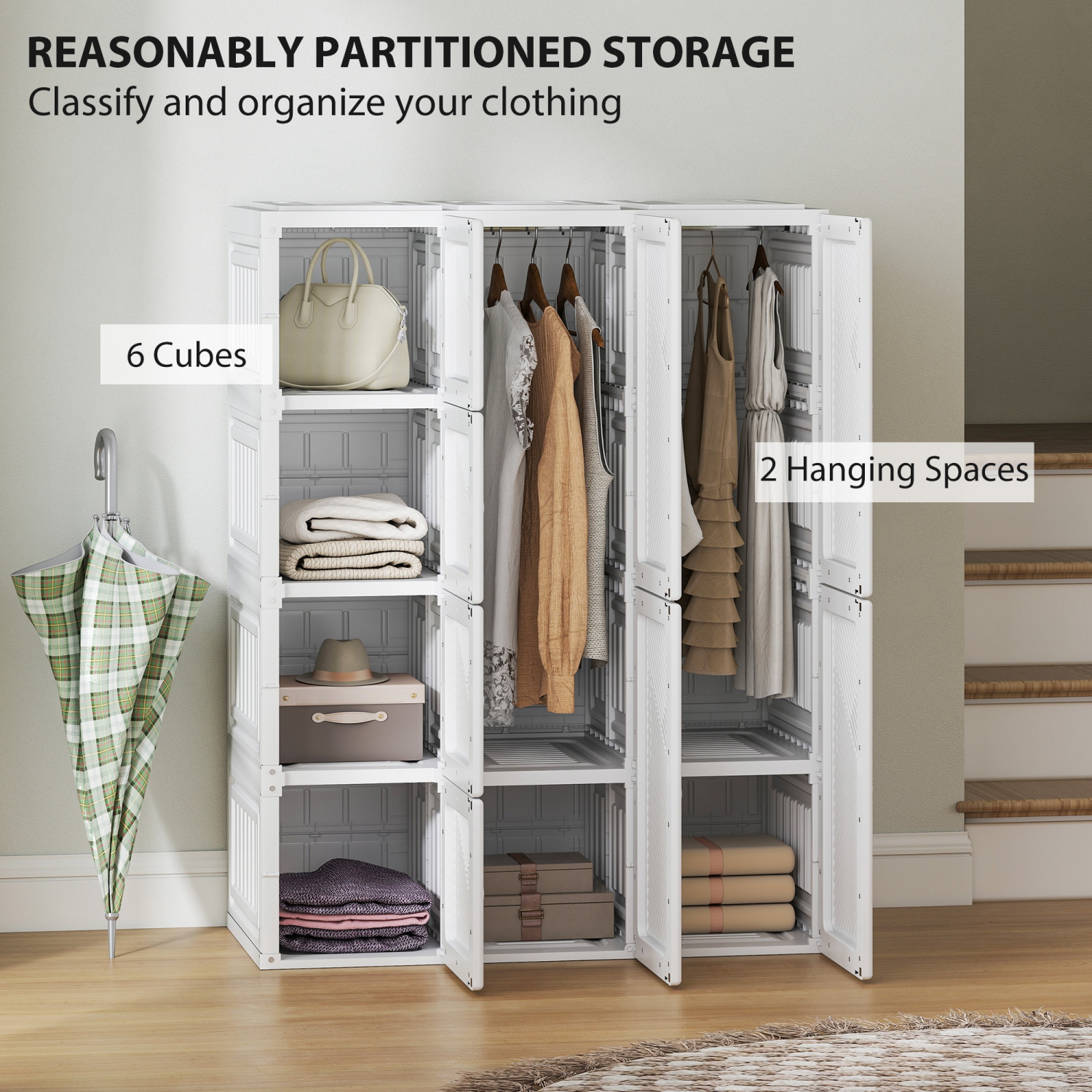 Armoire portative de HOMCOM Armoire de rangement pliante vêtements en plastique pour chambre à coucher avec 6 compartiments cubiques et 2 tiges