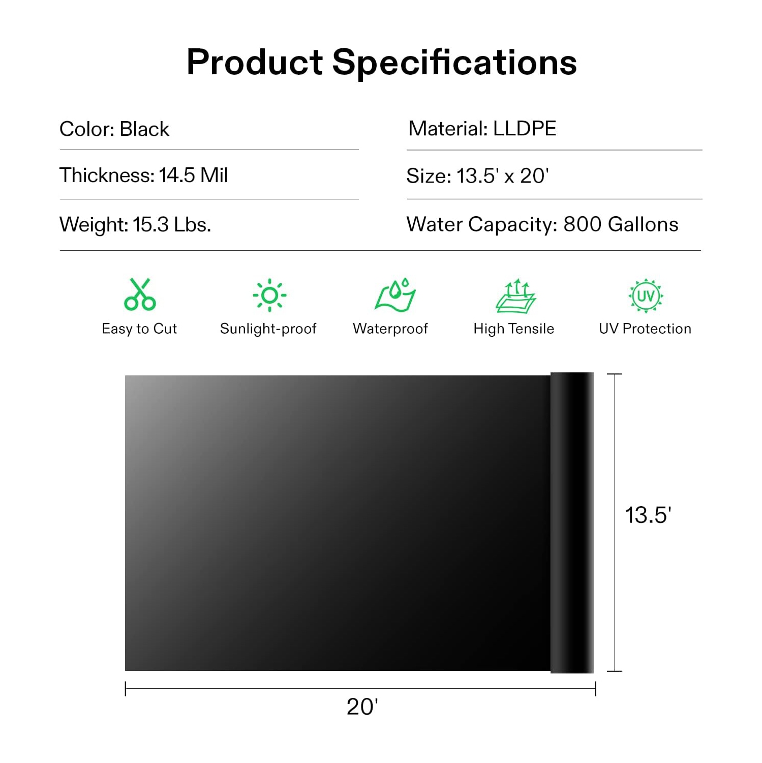 Doublure de bassin VIVOSUN 13,5 x 20 pi, doublure de bassin LLDPE durable 14,5 mil pour étang Koi, aquaculture et jardins aquatiques, noir