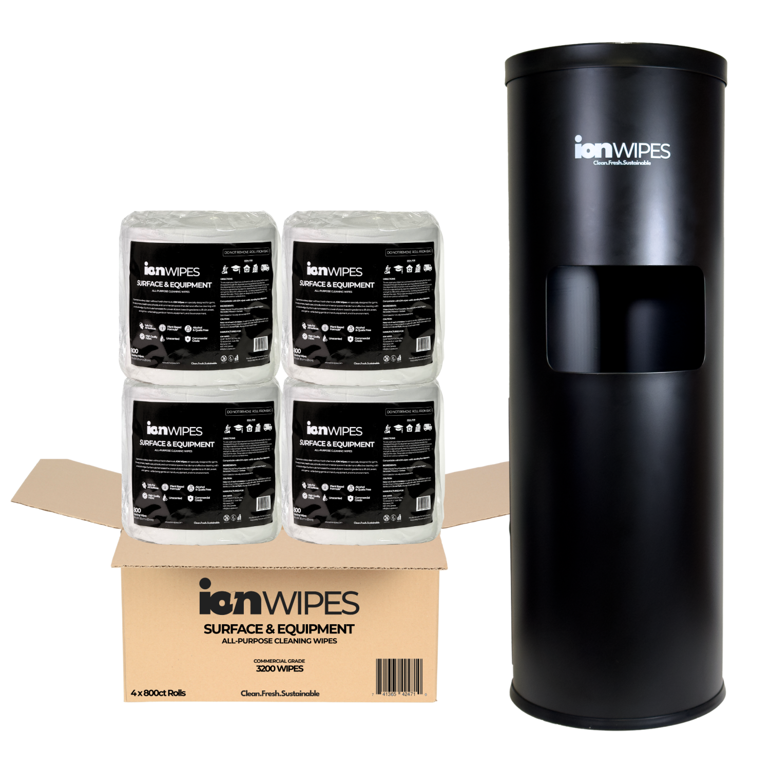 ION Wipes Gym Wipes with Stainless Steel Floor Stand Dispenser, 3200 Wipes, Alcohol Free, Fitness Equipment & Surface Wipes for Gyms, Studios,