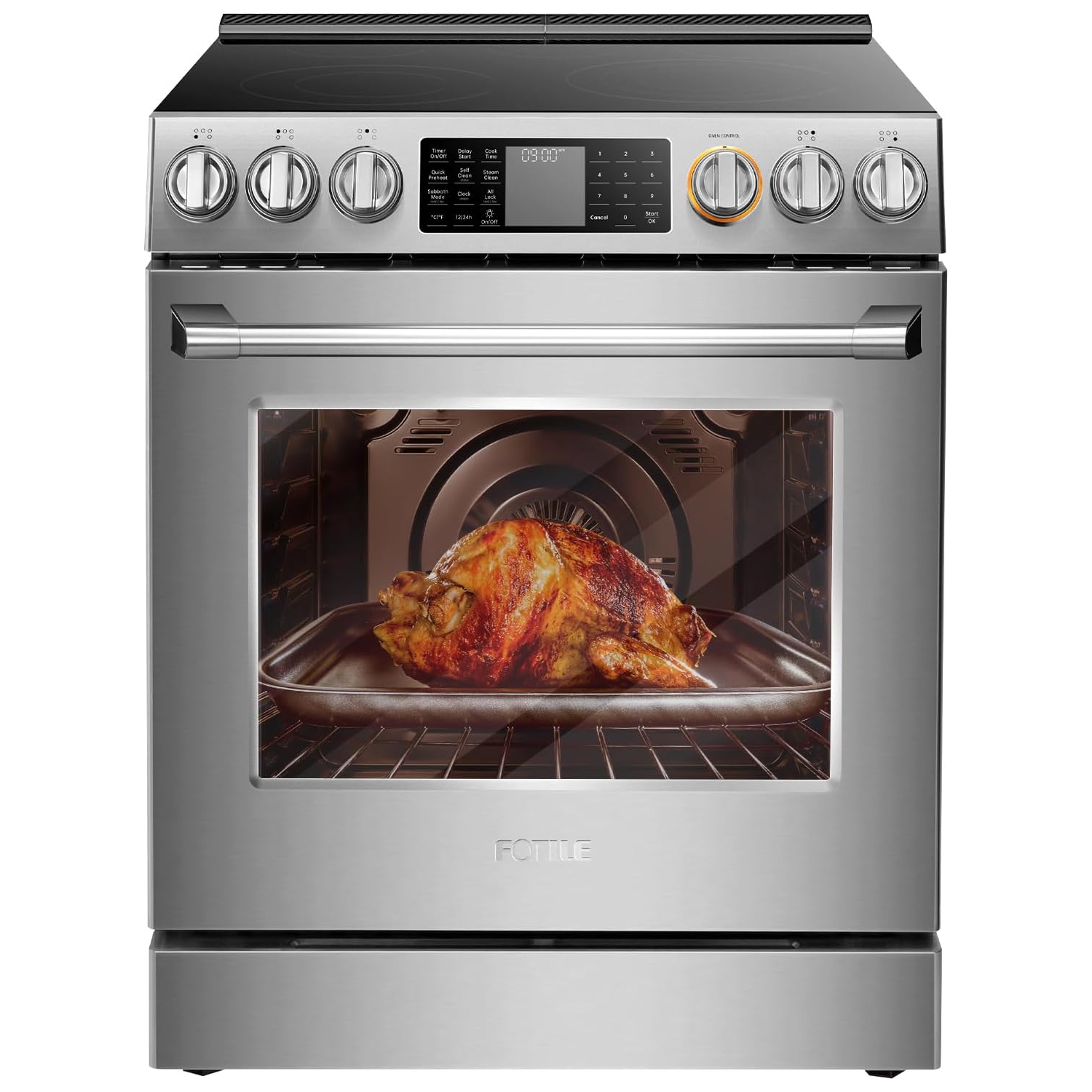 FOTILE RES30552 Stainless Steel 30" SlideIn Electric Range with True Convection and Air Fry, 5-Burner Stove, 5.7 Cu. Ft. Oven, Self-Cleaning Mode,